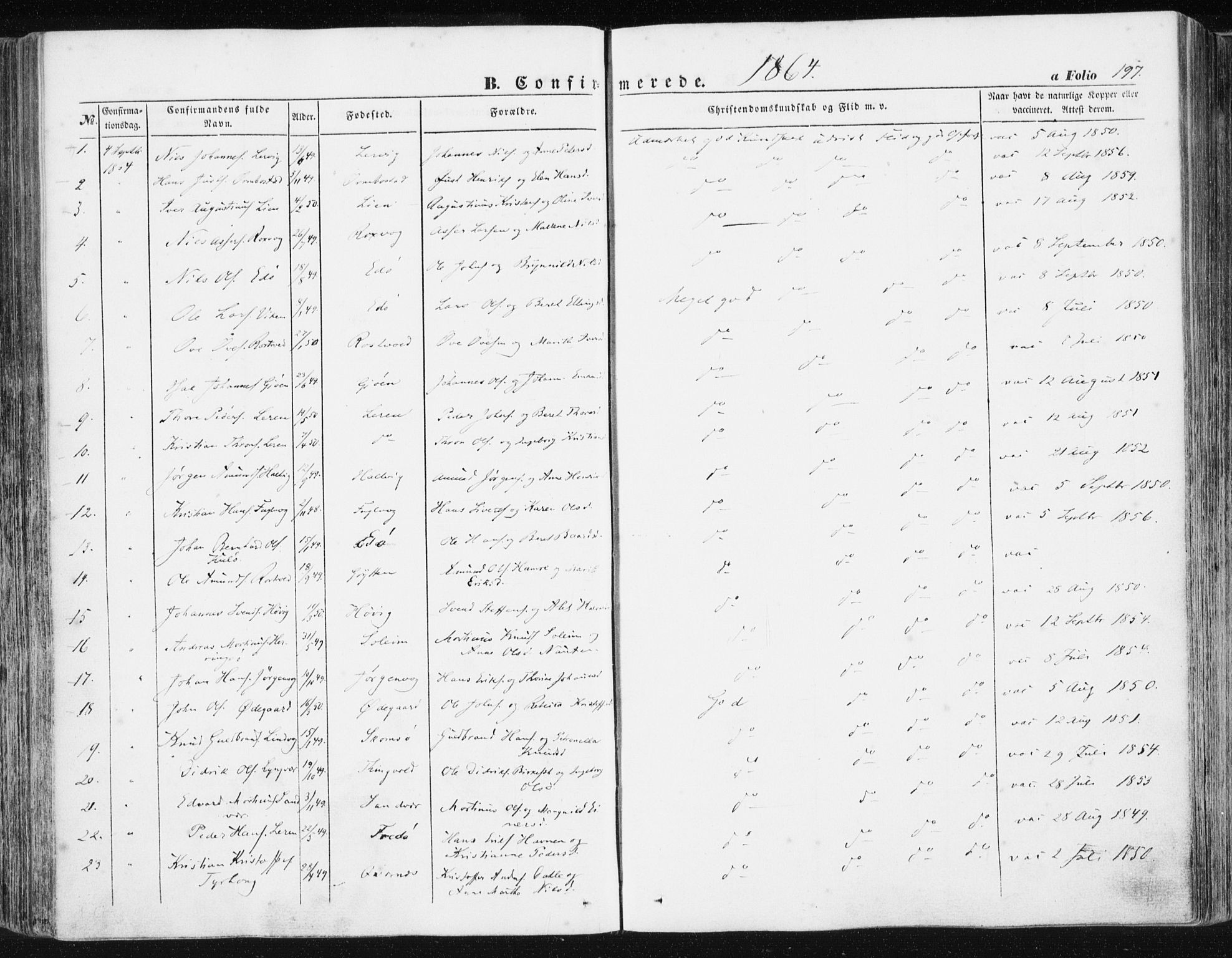Ministerialprotokoller, klokkerbøker og fødselsregistre - Møre og Romsdal, AV/SAT-A-1454/581/L0937: Ministerialbok nr. 581A05, 1853-1872, s. 197