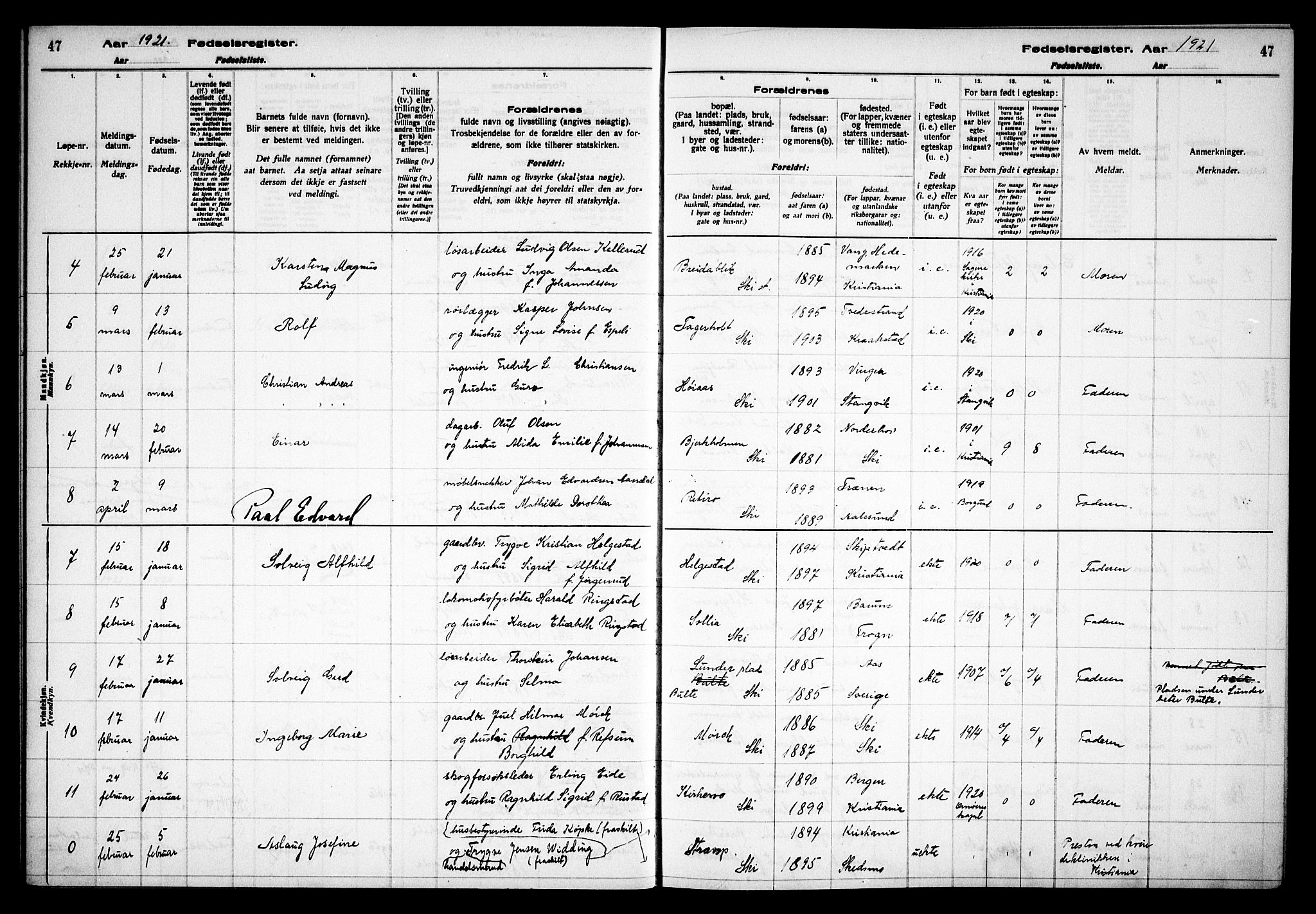 Kråkstad prestekontor Kirkebøker, AV/SAO-A-10125a/J/Jb/L0001: Fødselsregister nr. II 1, 1916-1936, s. 47