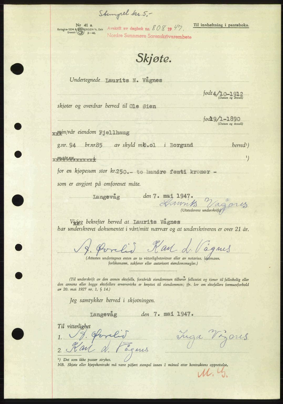 Nordre Sunnmøre sorenskriveri, SAT/A-0006/1/2/2C/2Ca: Pantebok nr. A24, 1947-1947, Dagboknr: 808/1947