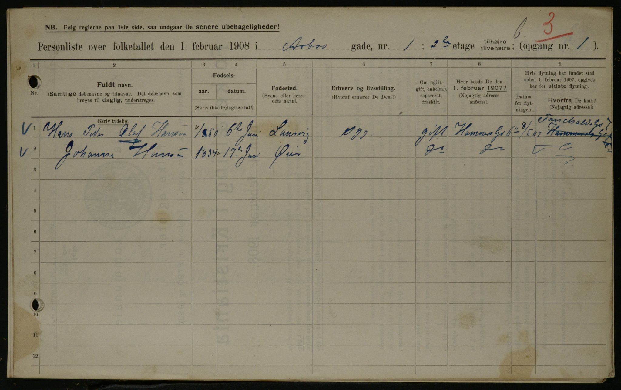 OBA, Kommunal folketelling 1.2.1908 for Kristiania kjøpstad, 1908, s. 1906