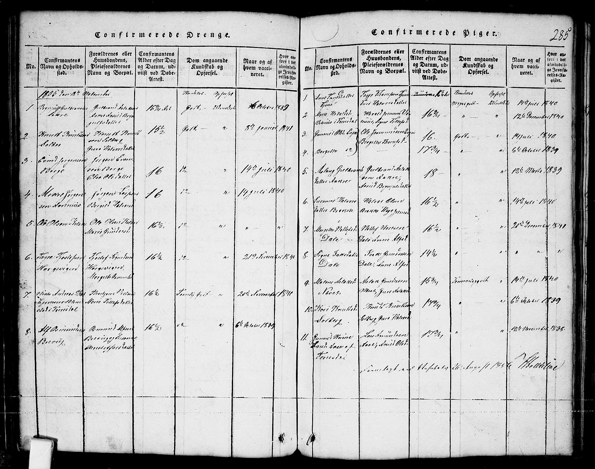 Nissedal kirkebøker, SAKO/A-288/G/Ga/L0001: Klokkerbok nr. I 1, 1814-1860, s. 285