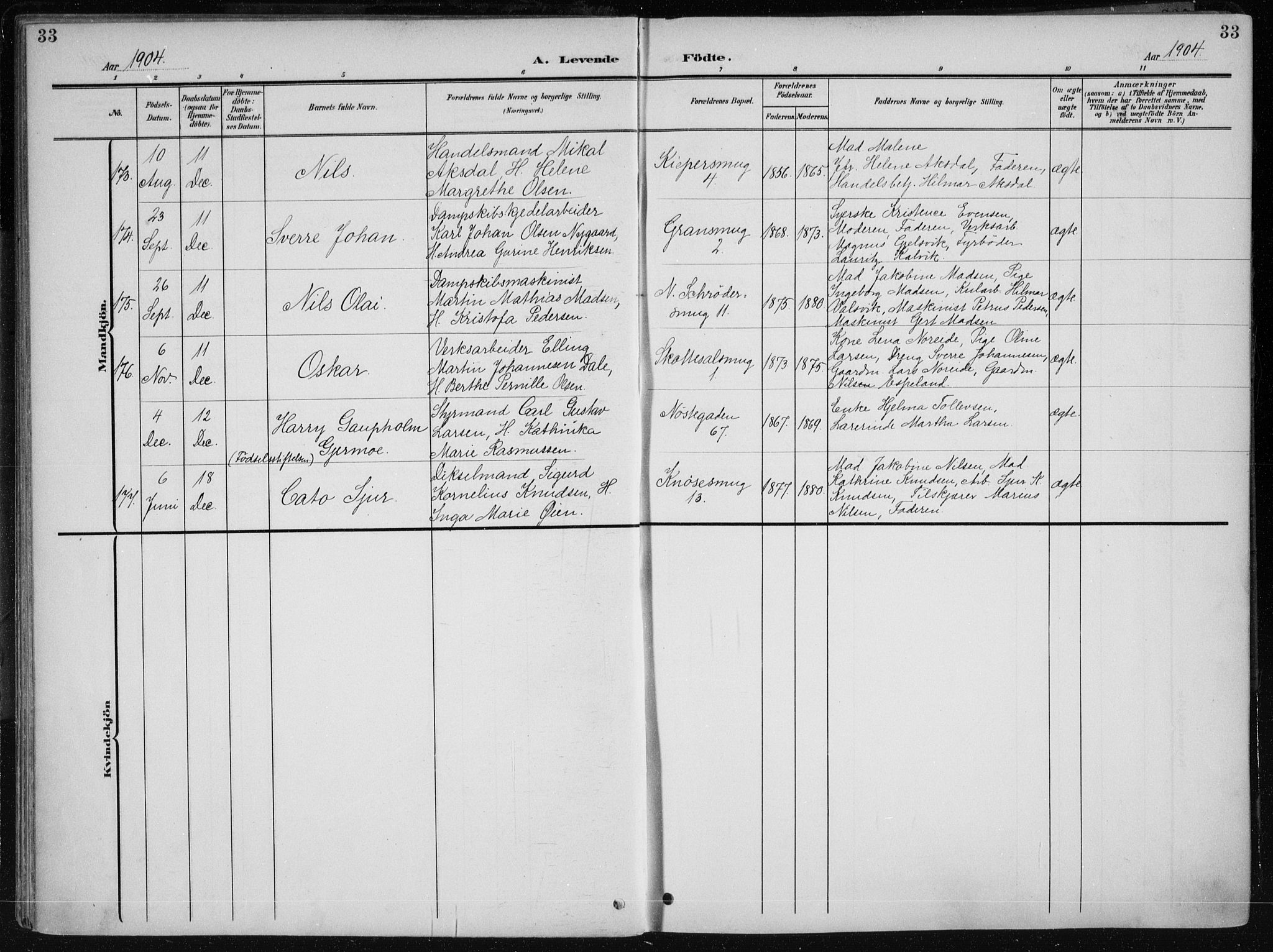Nykirken Sokneprestembete, AV/SAB-A-77101/H/Haa/L0019: Ministerialbok nr. B 7, 1904-1916, s. 33