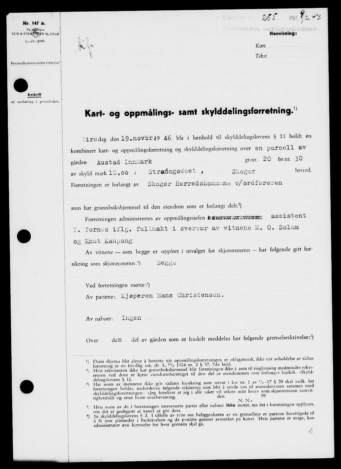 Holmestrand sorenskriveri, SAKO/A-67/G/Ga/Gaa/L0061: Pantebok nr. A-61, 1946-1947, Dagboknr: 255/1947