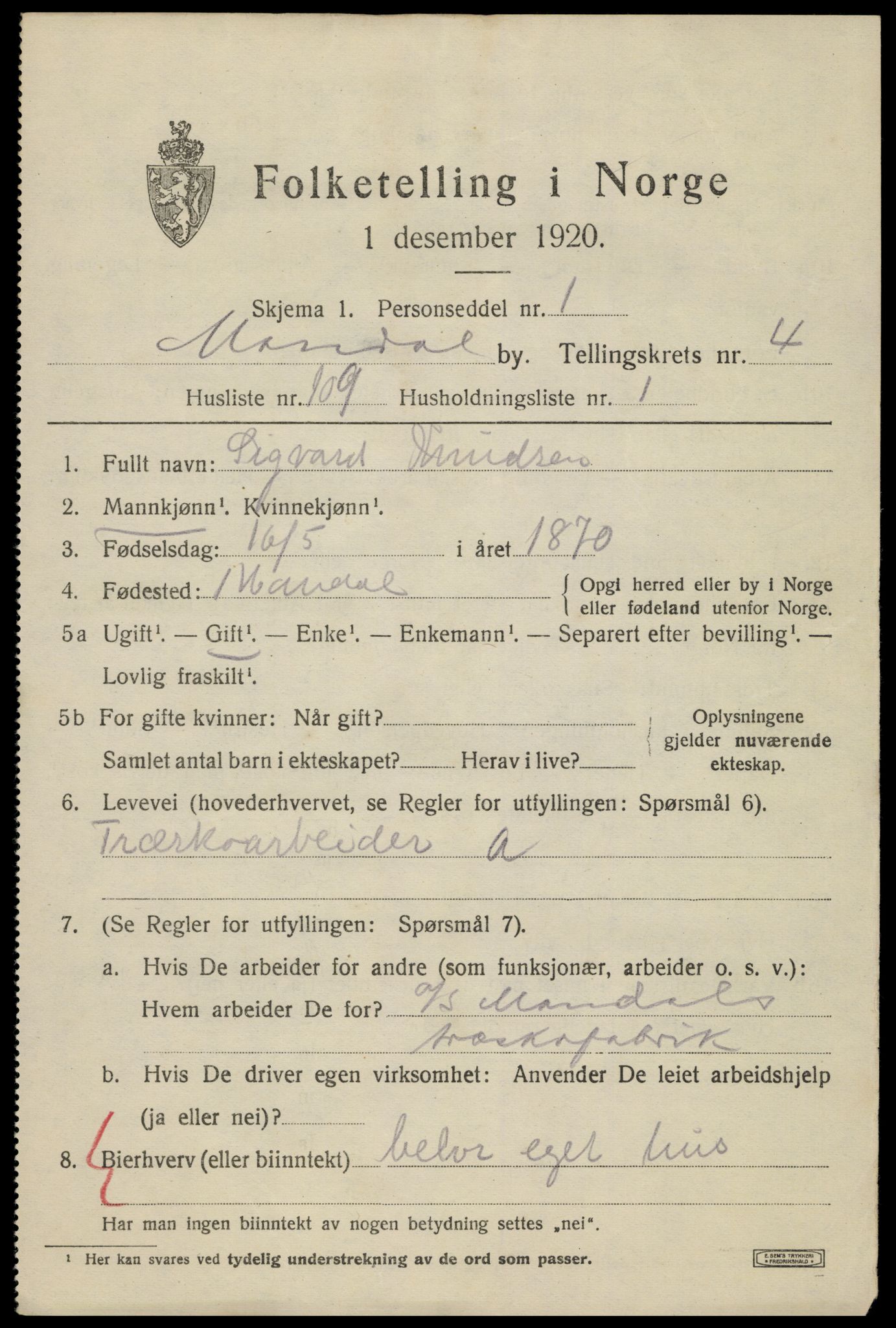 SAK, Folketelling 1920 for 1002 Mandal ladested, 1920, s. 8191