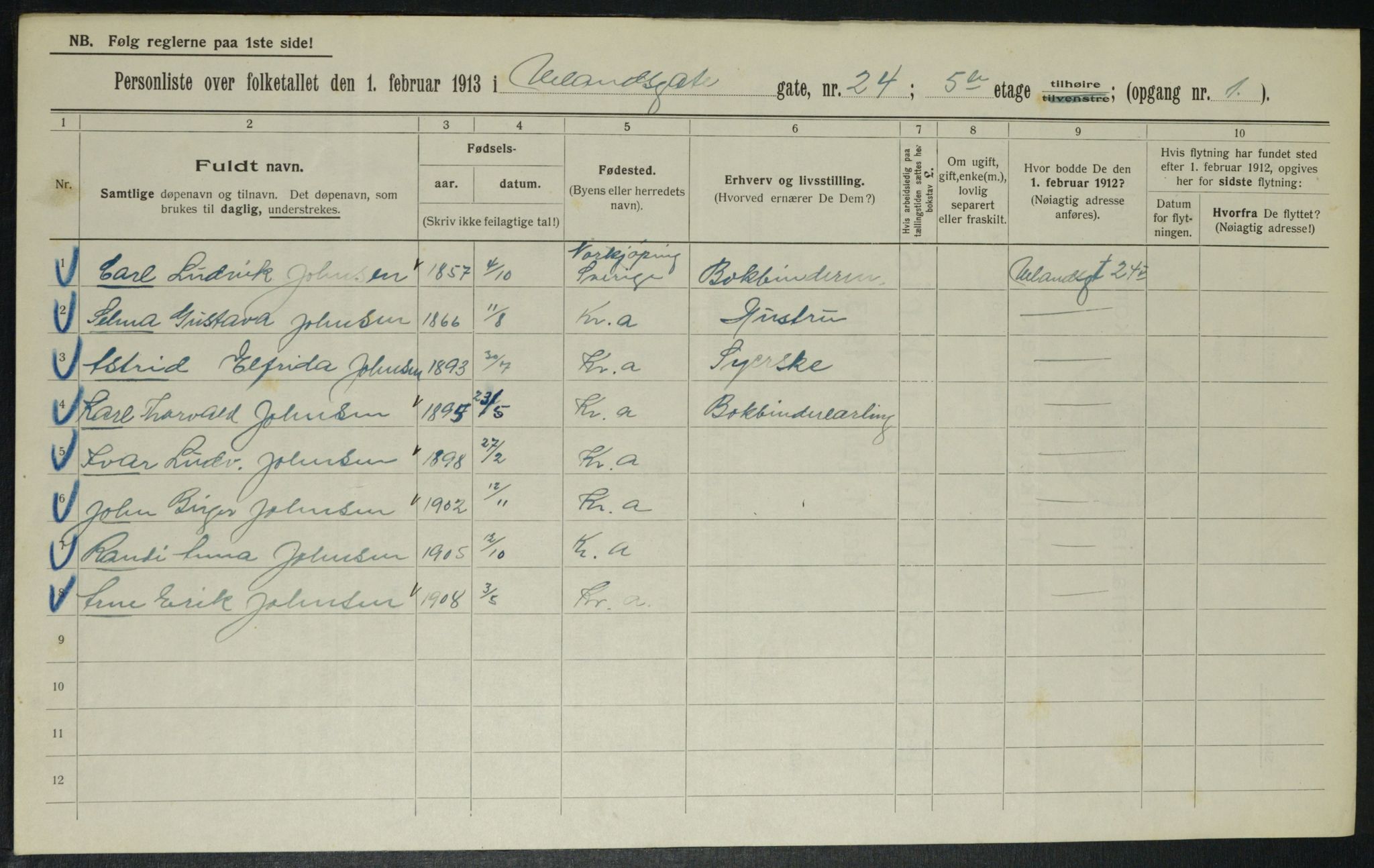 OBA, Kommunal folketelling 1.2.1913 for Kristiania, 1913, s. 118661