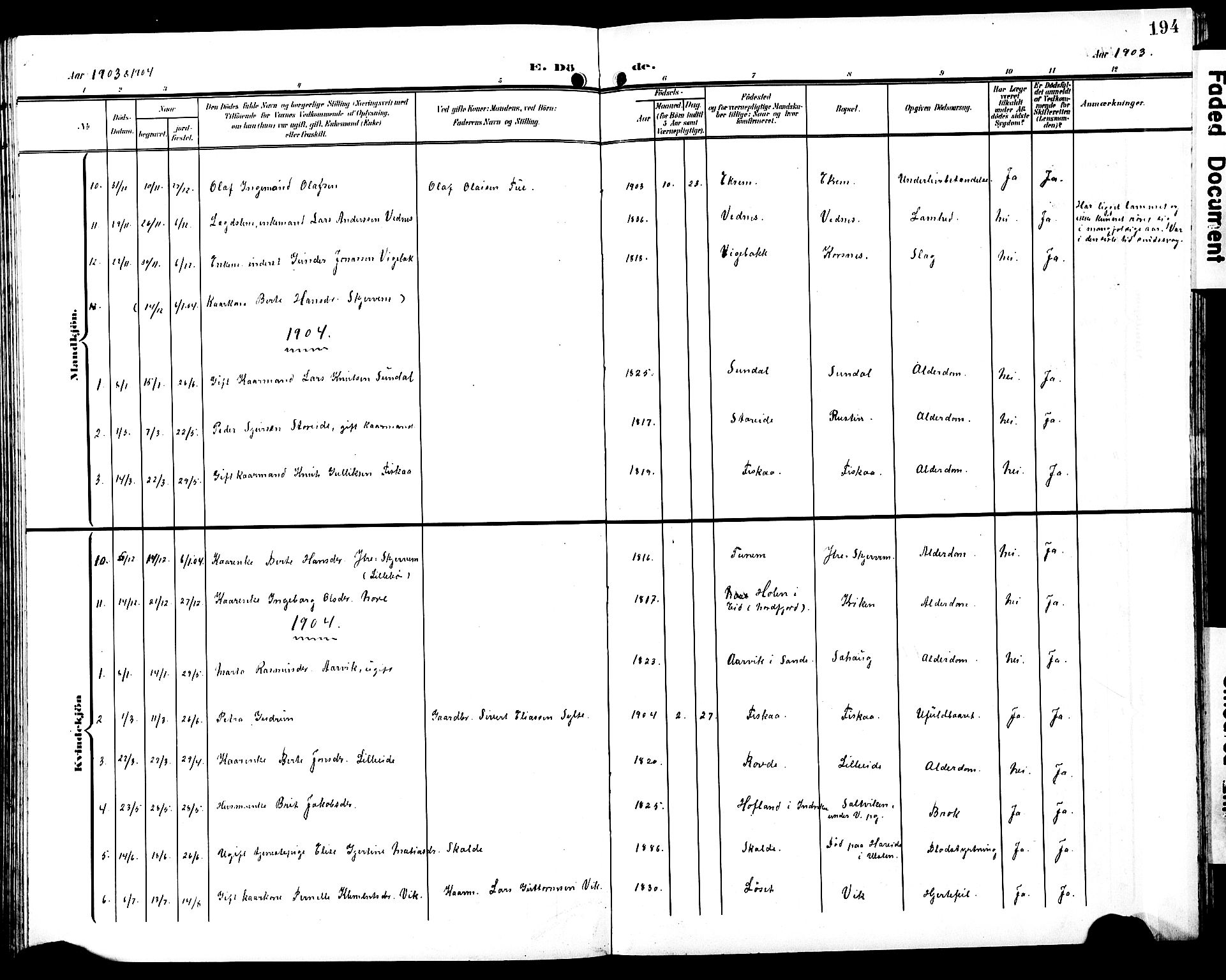 Ministerialprotokoller, klokkerbøker og fødselsregistre - Møre og Romsdal, SAT/A-1454/501/L0018: Klokkerbok nr. 501C04, 1902-1930, s. 194