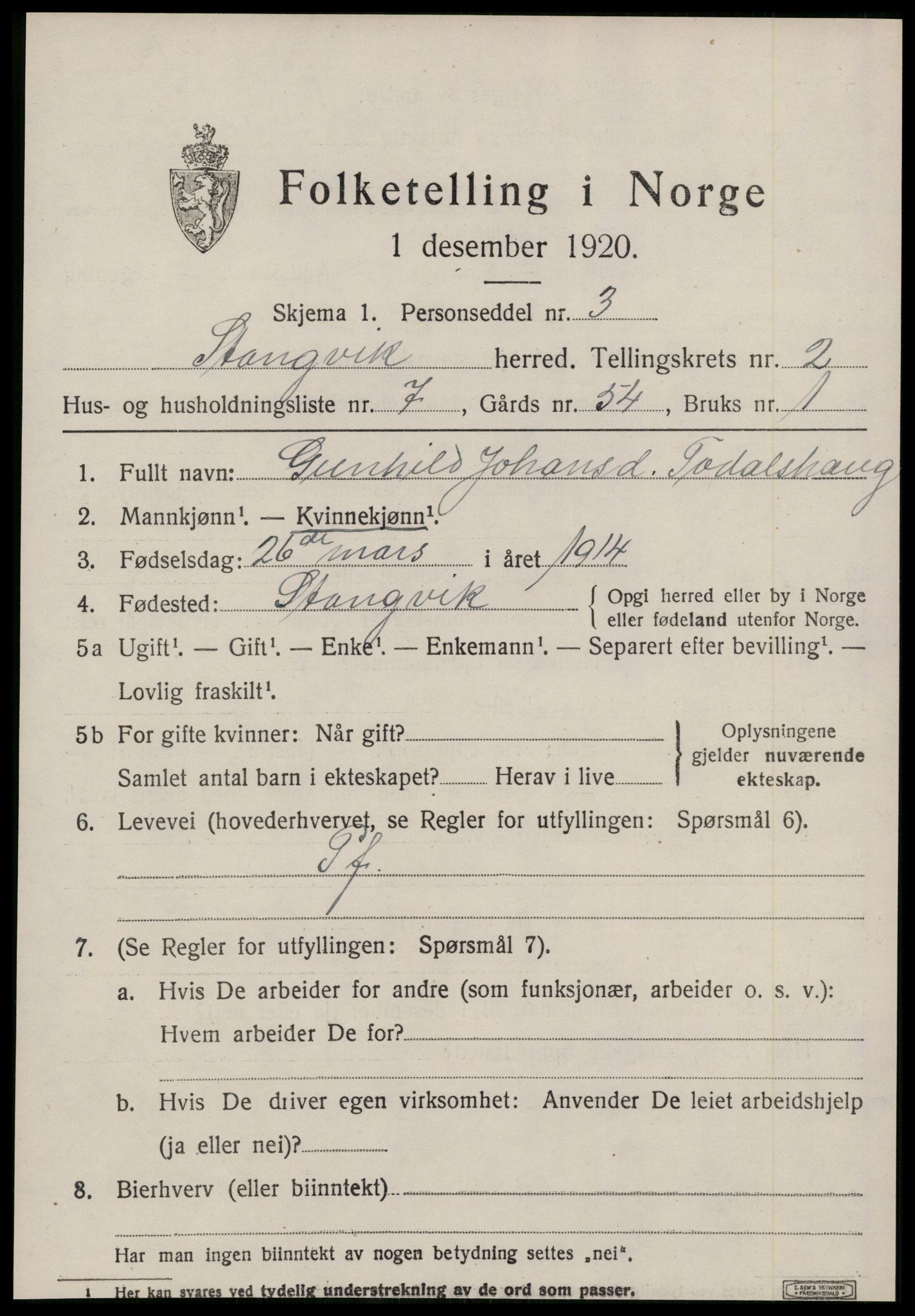 SAT, Folketelling 1920 for 1564 Stangvik herred, 1920, s. 1530