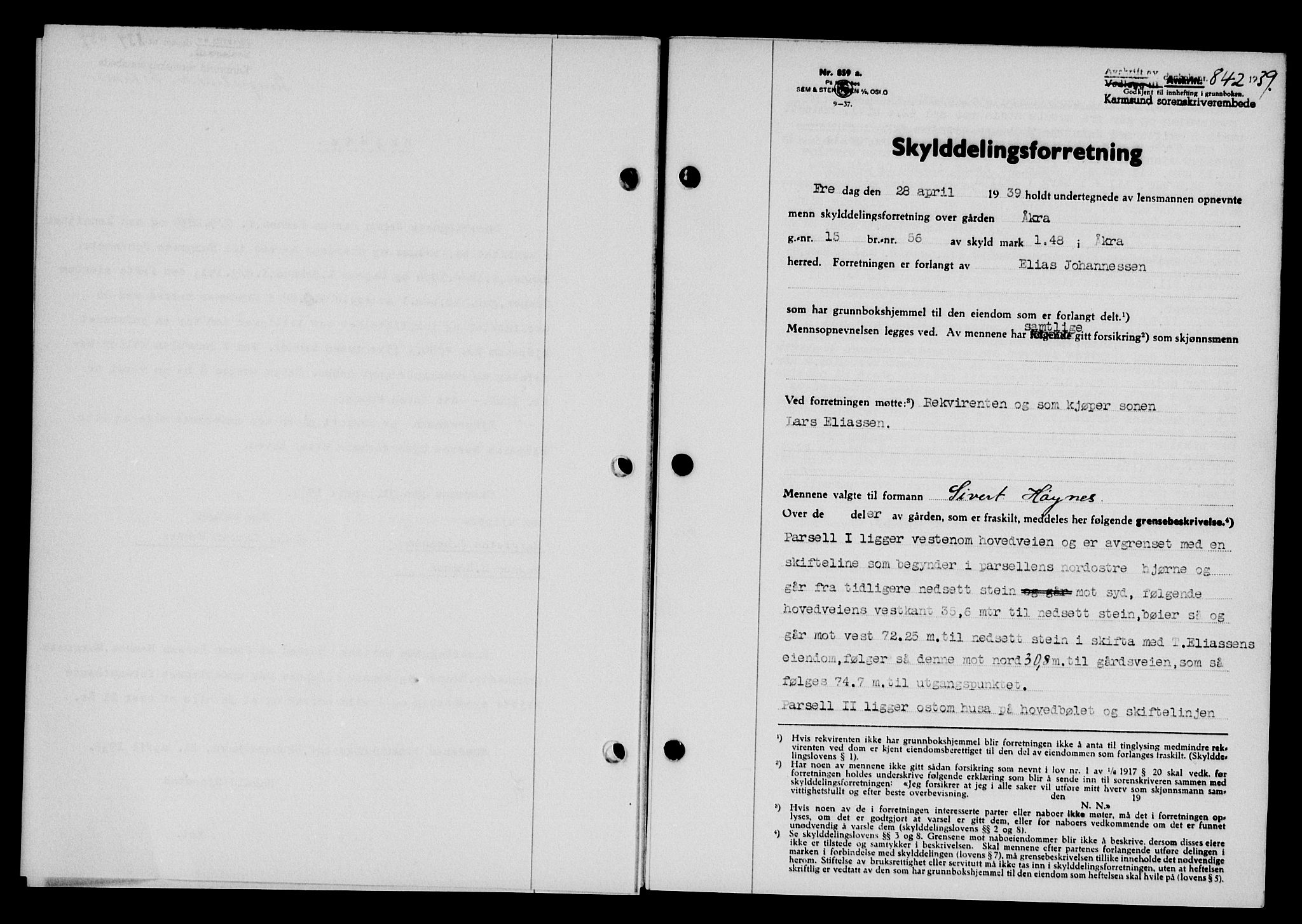 Karmsund sorenskriveri, SAST/A-100311/01/II/IIB/L0071: Pantebok nr. 52A, 1939-1939, Dagboknr: 842/1939
