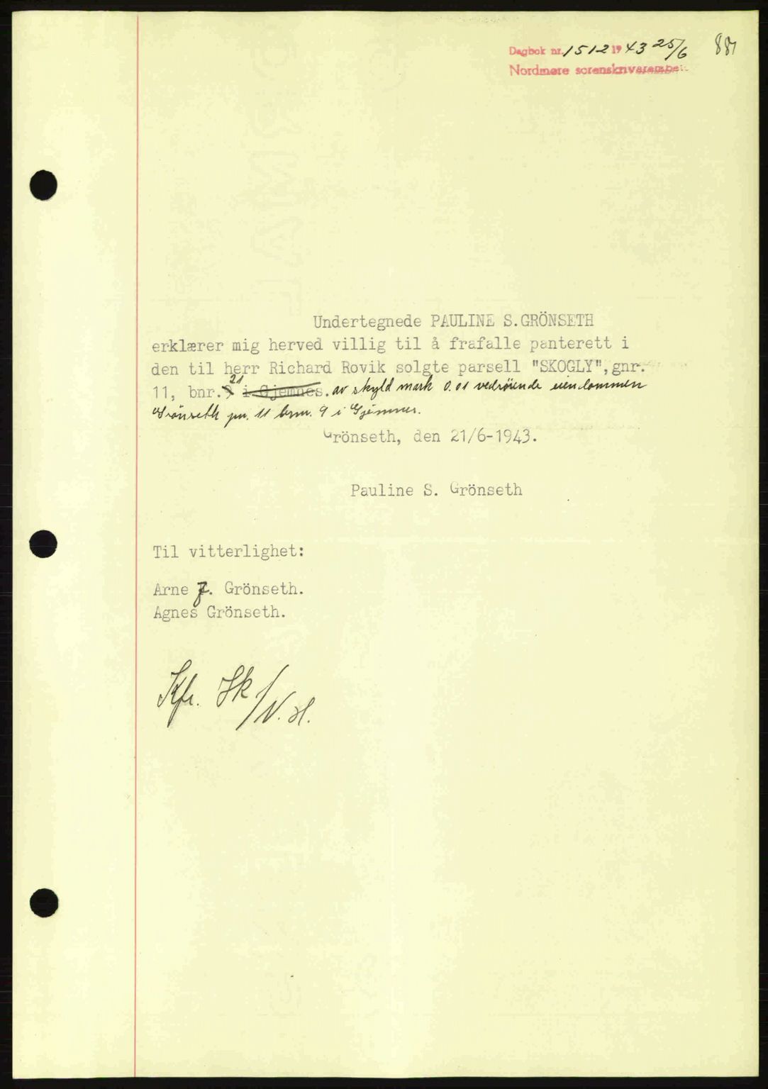 Nordmøre sorenskriveri, SAT/A-4132/1/2/2Ca: Pantebok nr. B90, 1942-1943, Dagboknr: 1512/1943