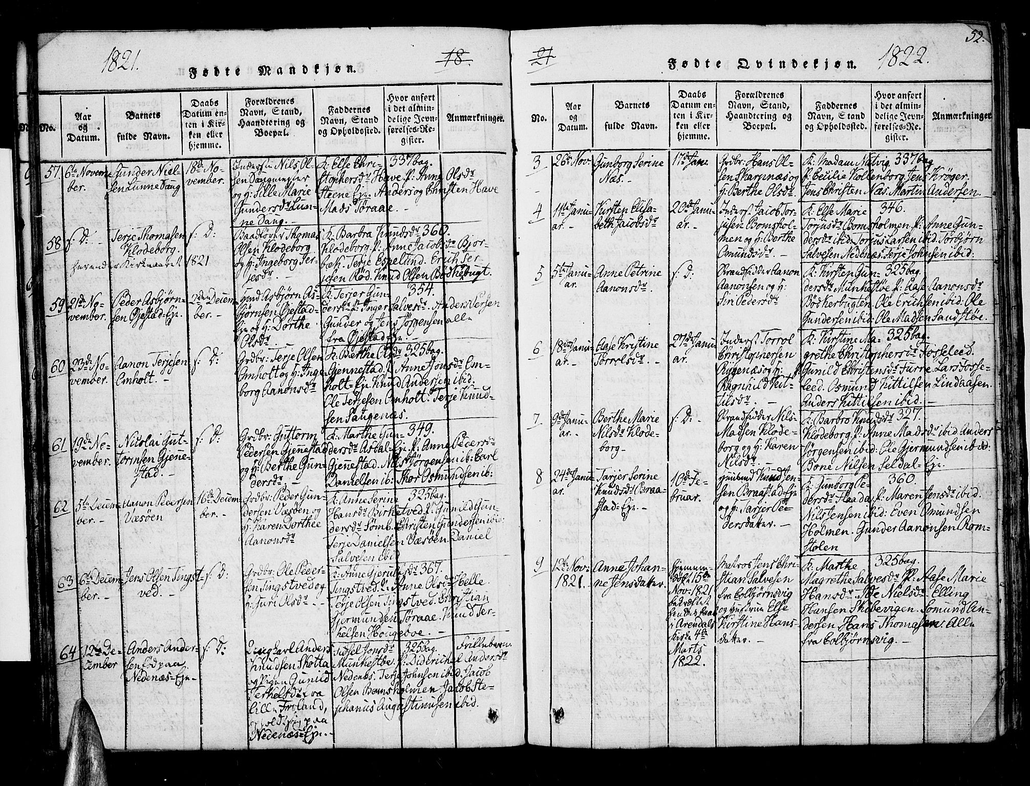 Øyestad sokneprestkontor, AV/SAK-1111-0049/F/Fa/L0012: Ministerialbok nr. A 12, 1816-1827, s. 52