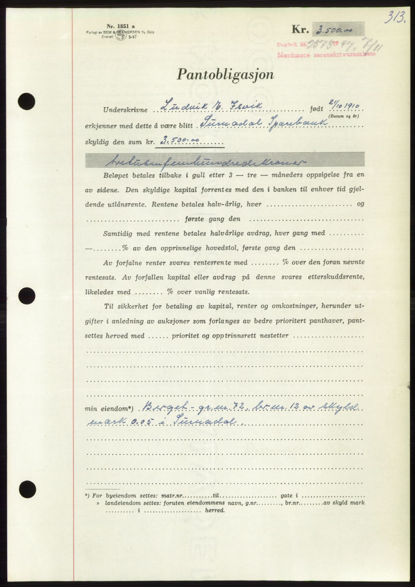 Nordmøre sorenskriveri, AV/SAT-A-4132/1/2/2Ca: Pantebok nr. B97, 1947-1948, Dagboknr: 2573/1947