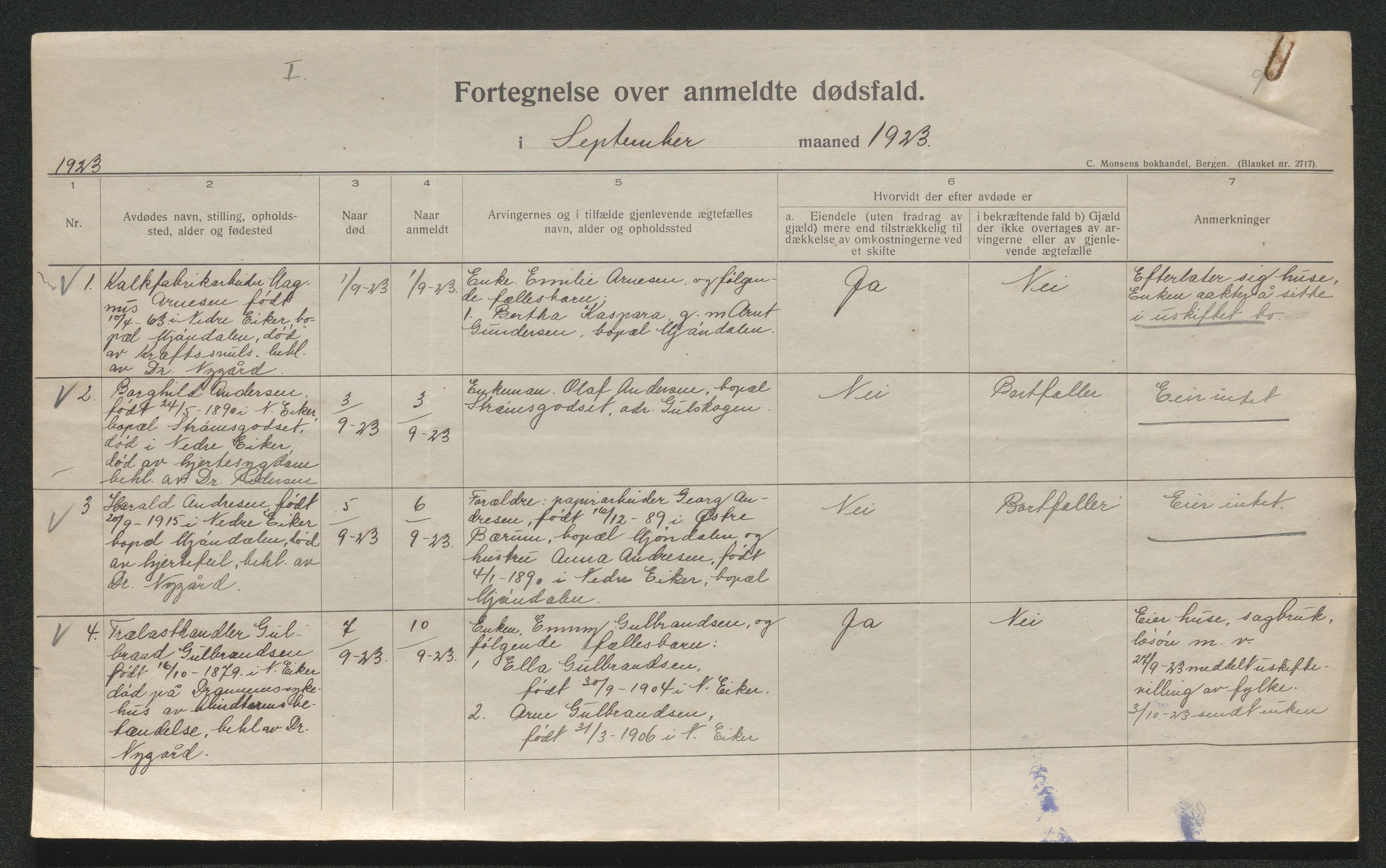 Eiker, Modum og Sigdal sorenskriveri, AV/SAKO-A-123/H/Ha/Hab/L0041: Dødsfallsmeldinger, 1922-1923, s. 862