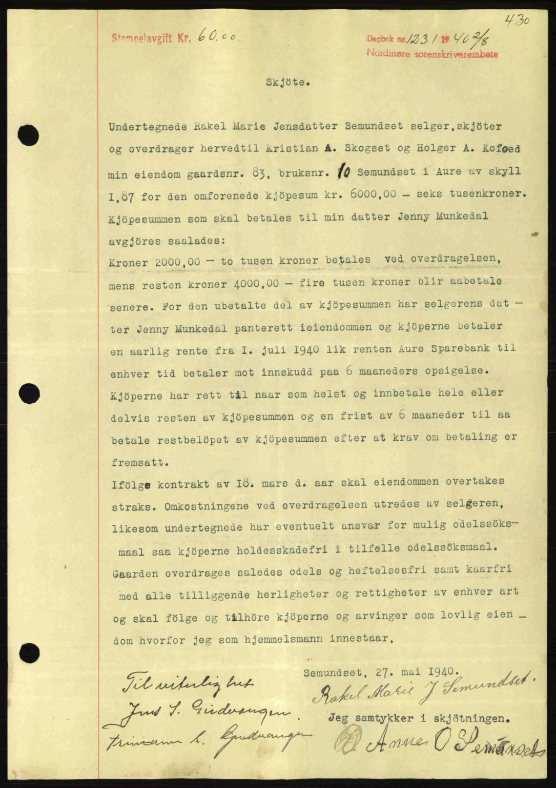Nordmøre sorenskriveri, AV/SAT-A-4132/1/2/2Ca: Pantebok nr. A88, 1940-1940, Dagboknr: 1231/1940