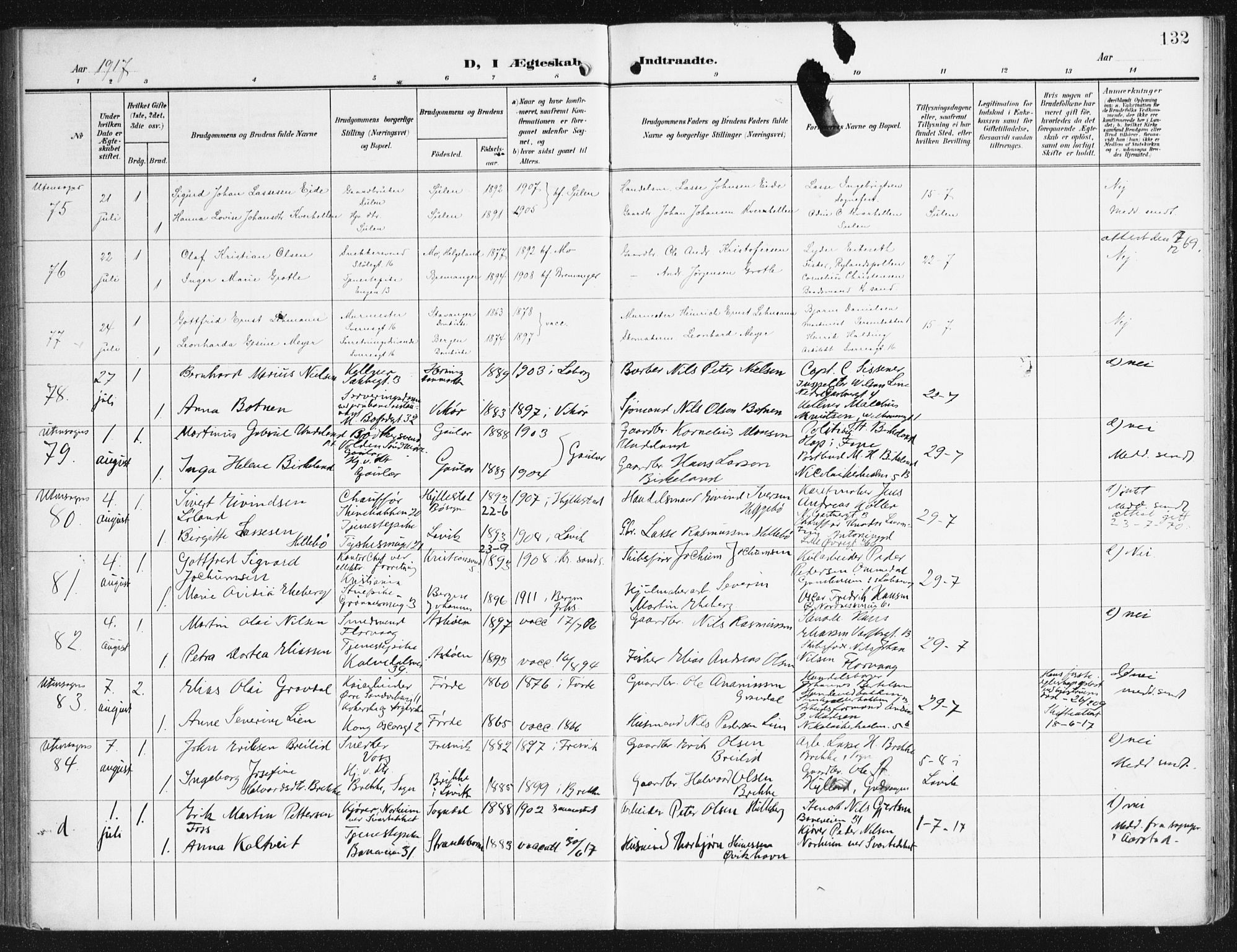 Domkirken sokneprestembete, AV/SAB-A-74801/H/Haa/L0038: Ministerialbok nr. D 5, 1906-1921, s. 132