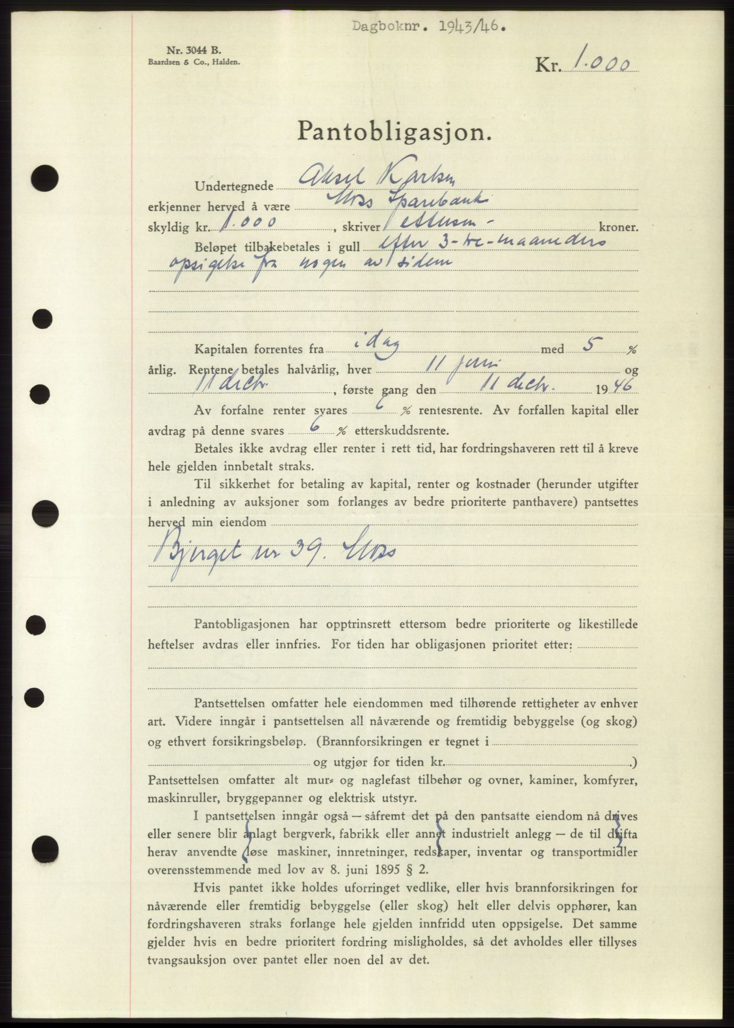 Moss sorenskriveri, SAO/A-10168: Pantebok nr. B15, 1946-1946, Dagboknr: 1943/1946