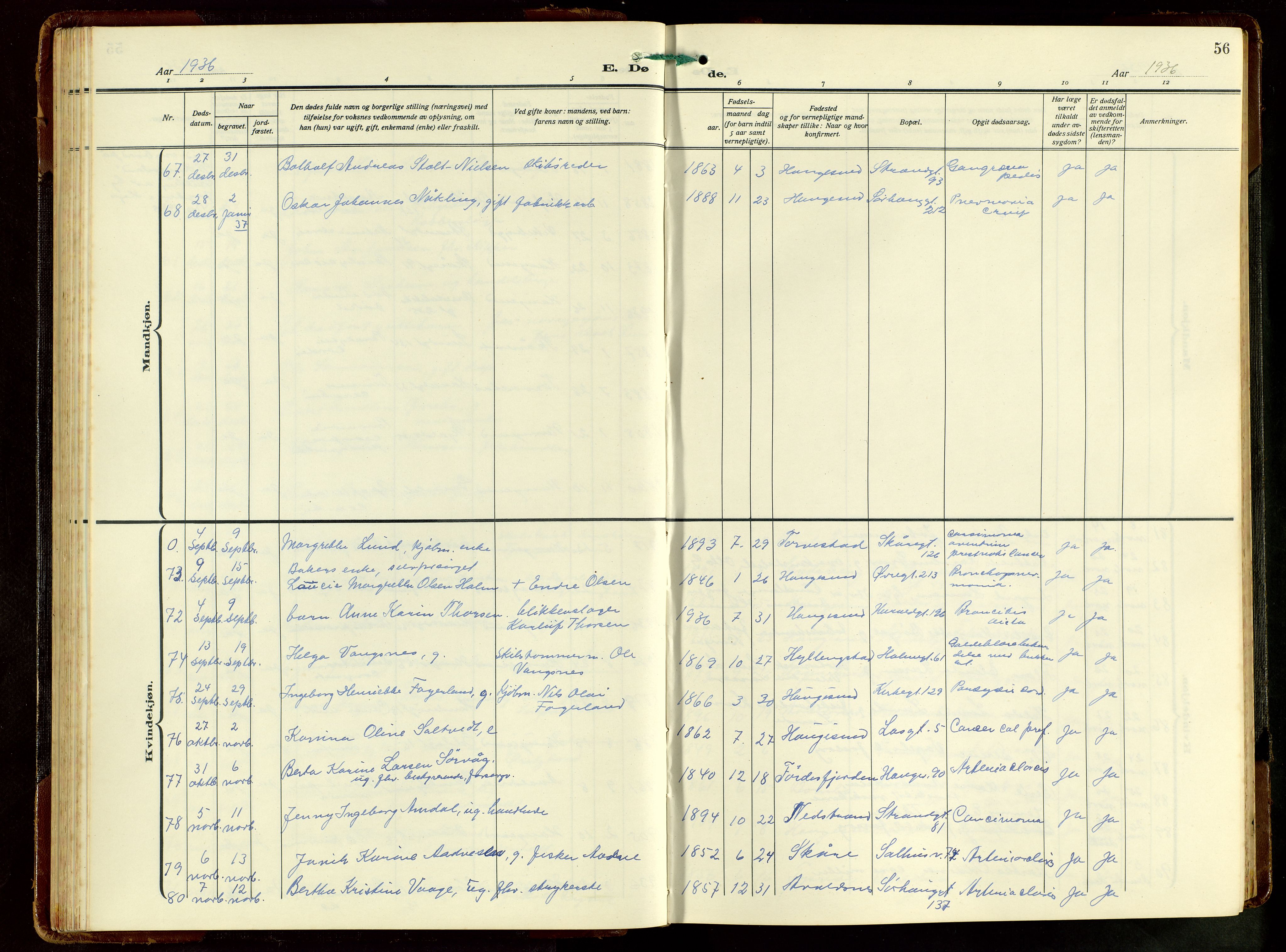 Haugesund sokneprestkontor, AV/SAST-A -101863/H/Ha/Hab/L0012: Klokkerbok nr. B 12, 1930-1958, s. 56