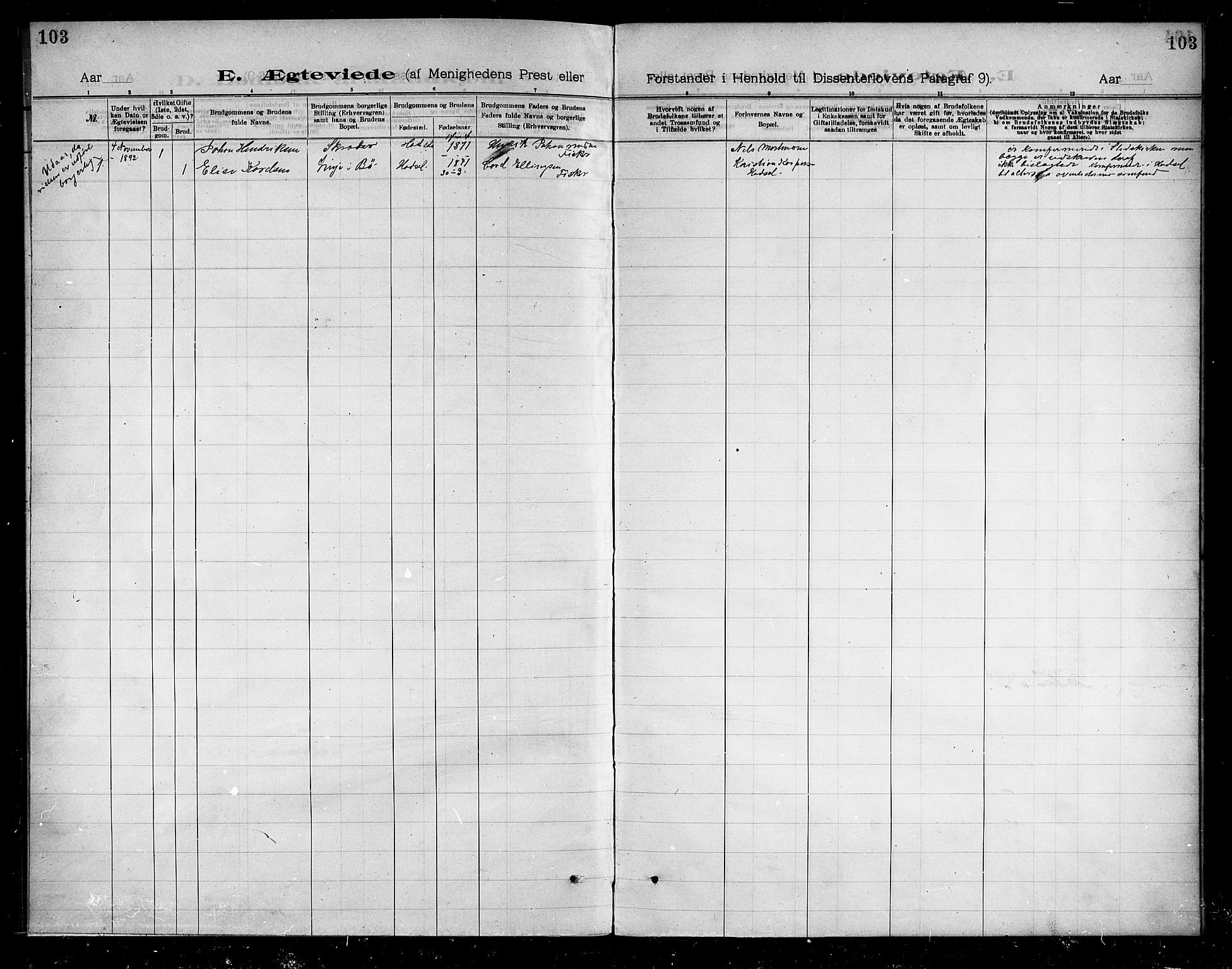 Ministerialprotokoller, klokkerbøker og fødselsregistre - Nordland, AV/SAT-A-1459/888/L1274: Dissenterprotokoll nr. 888D01, 1889-1902, s. 103
