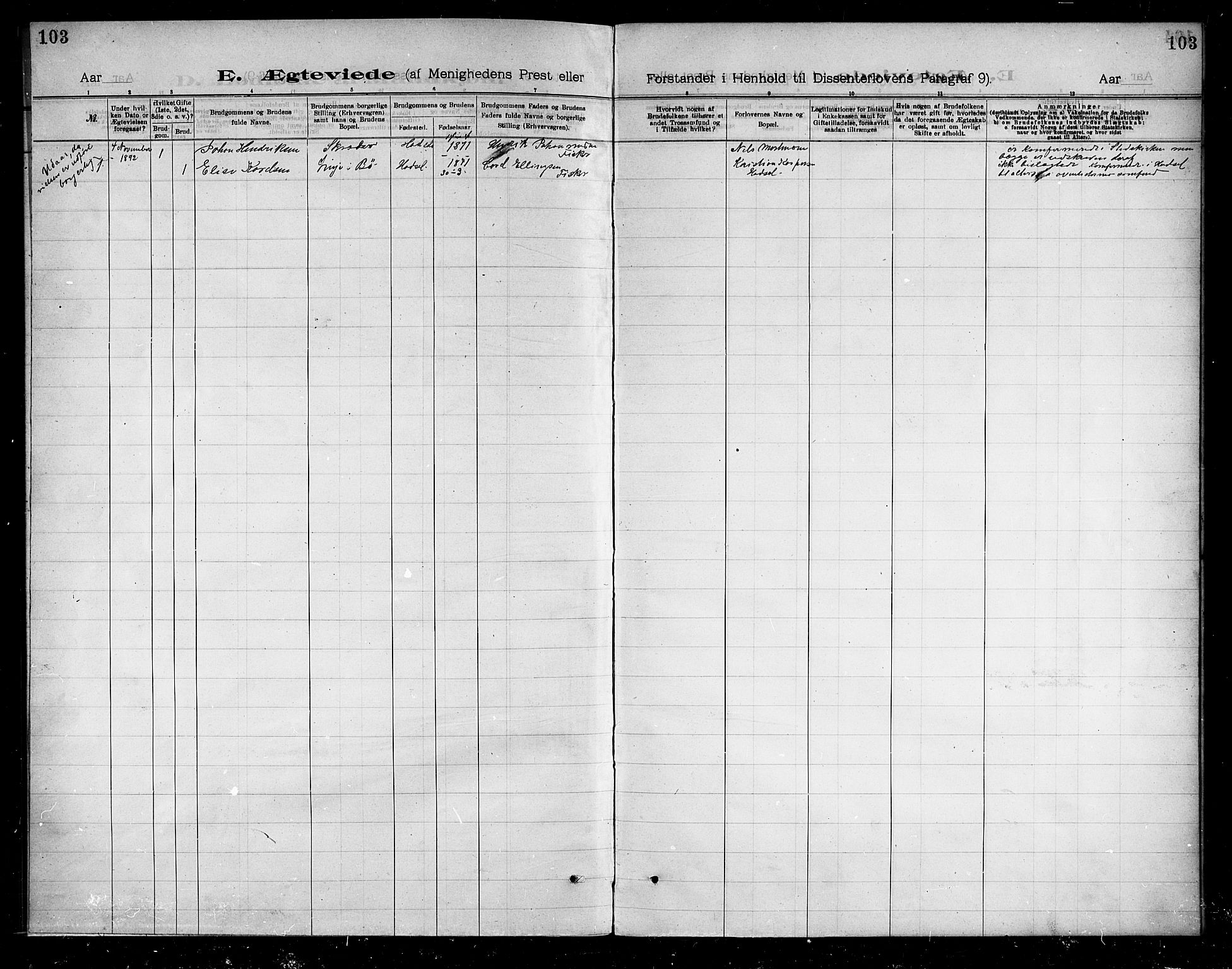 Ministerialprotokoller, klokkerbøker og fødselsregistre - Nordland, SAT/A-1459/888/L1274: Dissenterprotokoll nr. 888D01, 1889-1902, s. 103