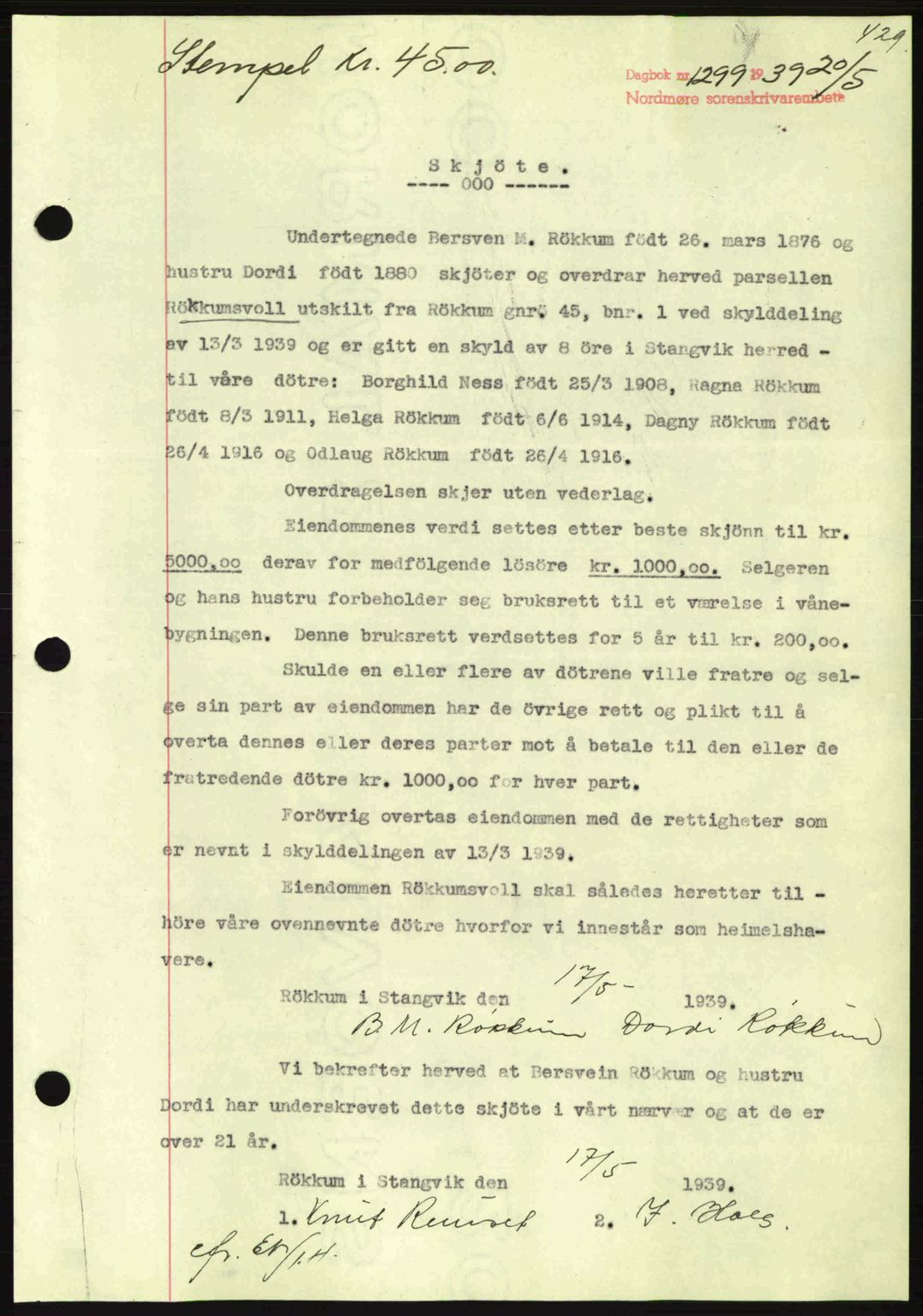 Nordmøre sorenskriveri, SAT/A-4132/1/2/2Ca: Pantebok nr. A86, 1939-1939, Dagboknr: 1299/1939