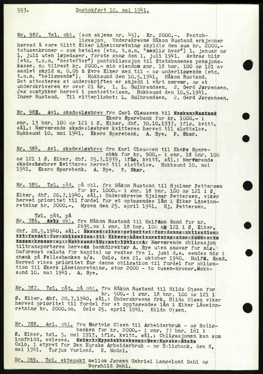 Eiker, Modum og Sigdal sorenskriveri, SAKO/A-123/G/Ga/Gab/L0043: Pantebok nr. A13, 1940-1941, Dagboknr: 982/1941