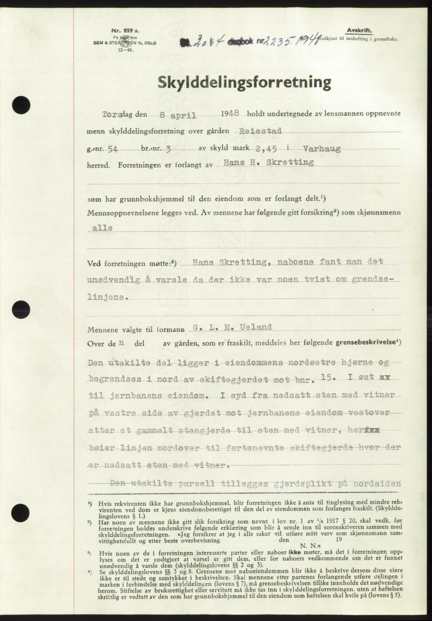Jæren sorenskriveri, SAST/A-100310/03/G/Gba/L0098: Pantebok, 1948-1948, Dagboknr: 2235/1948