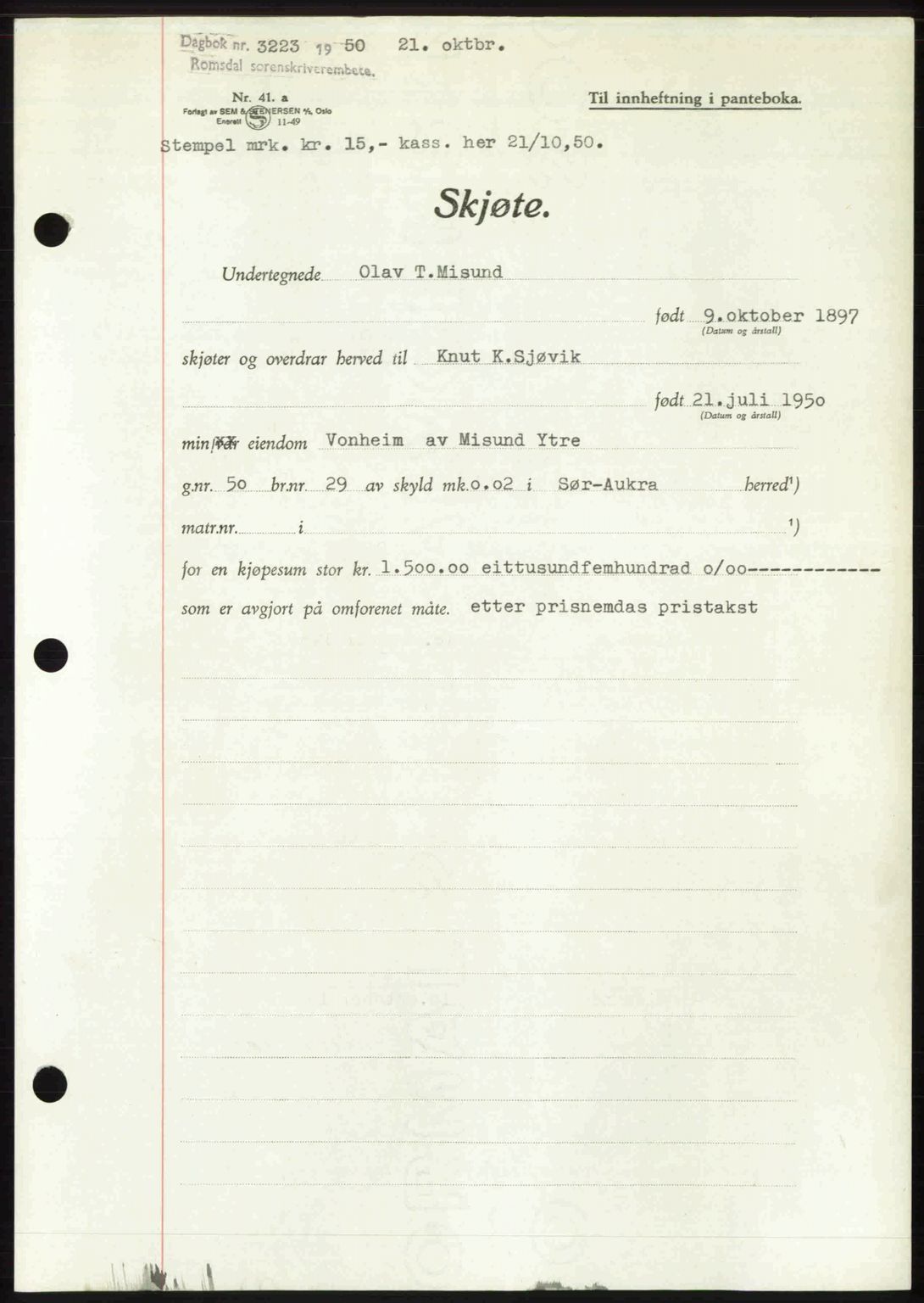 Romsdal sorenskriveri, AV/SAT-A-4149/1/2/2C: Pantebok nr. A34, 1950-1950, Dagboknr: 3223/1950
