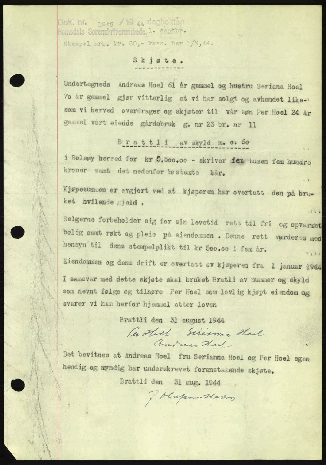 Romsdal sorenskriveri, SAT/A-4149/1/2/2C: Pantebok nr. A16, 1944-1944, Dagboknr: 1246/1944