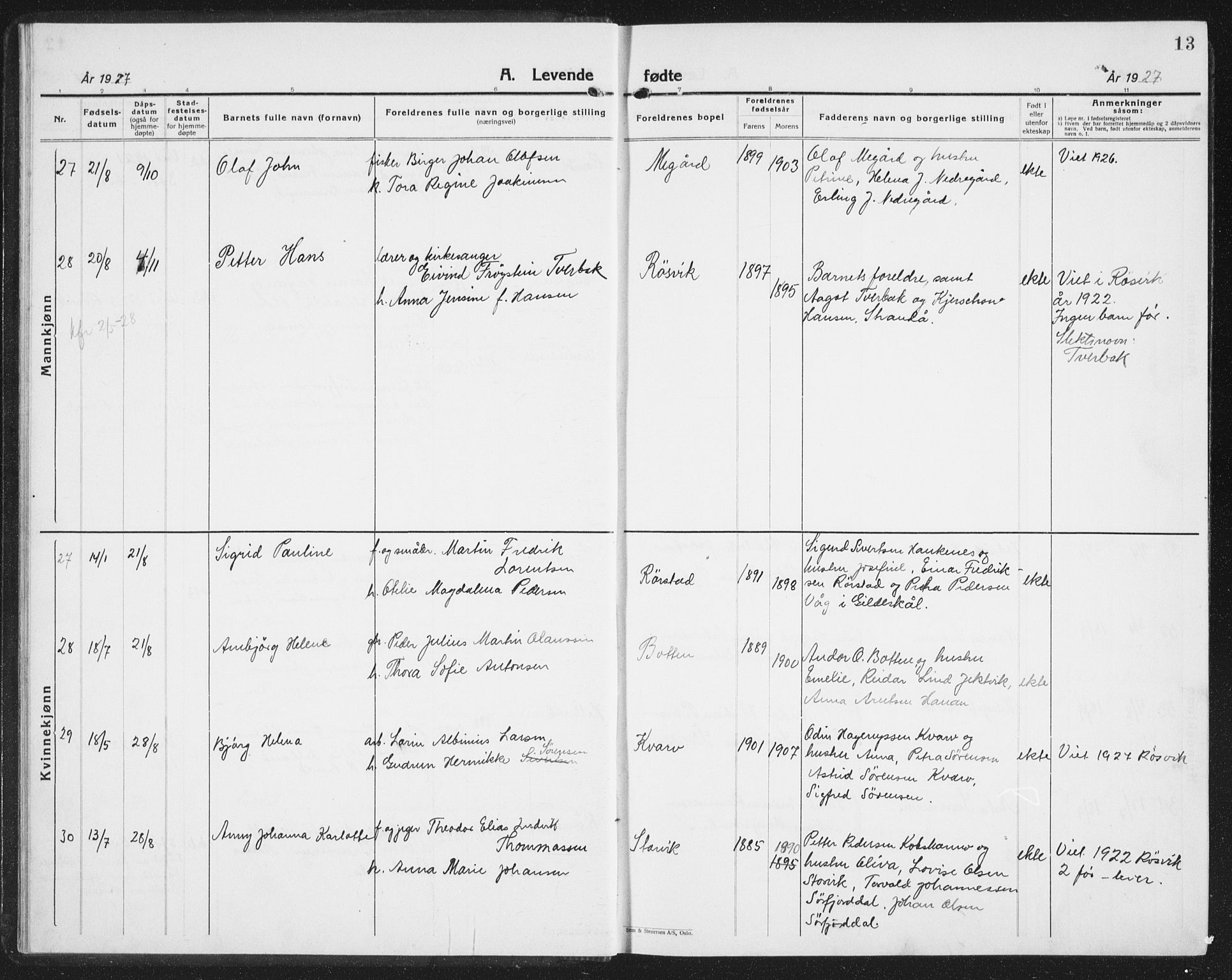 Ministerialprotokoller, klokkerbøker og fødselsregistre - Nordland, AV/SAT-A-1459/854/L0788: Klokkerbok nr. 854C04, 1926-1940, s. 13