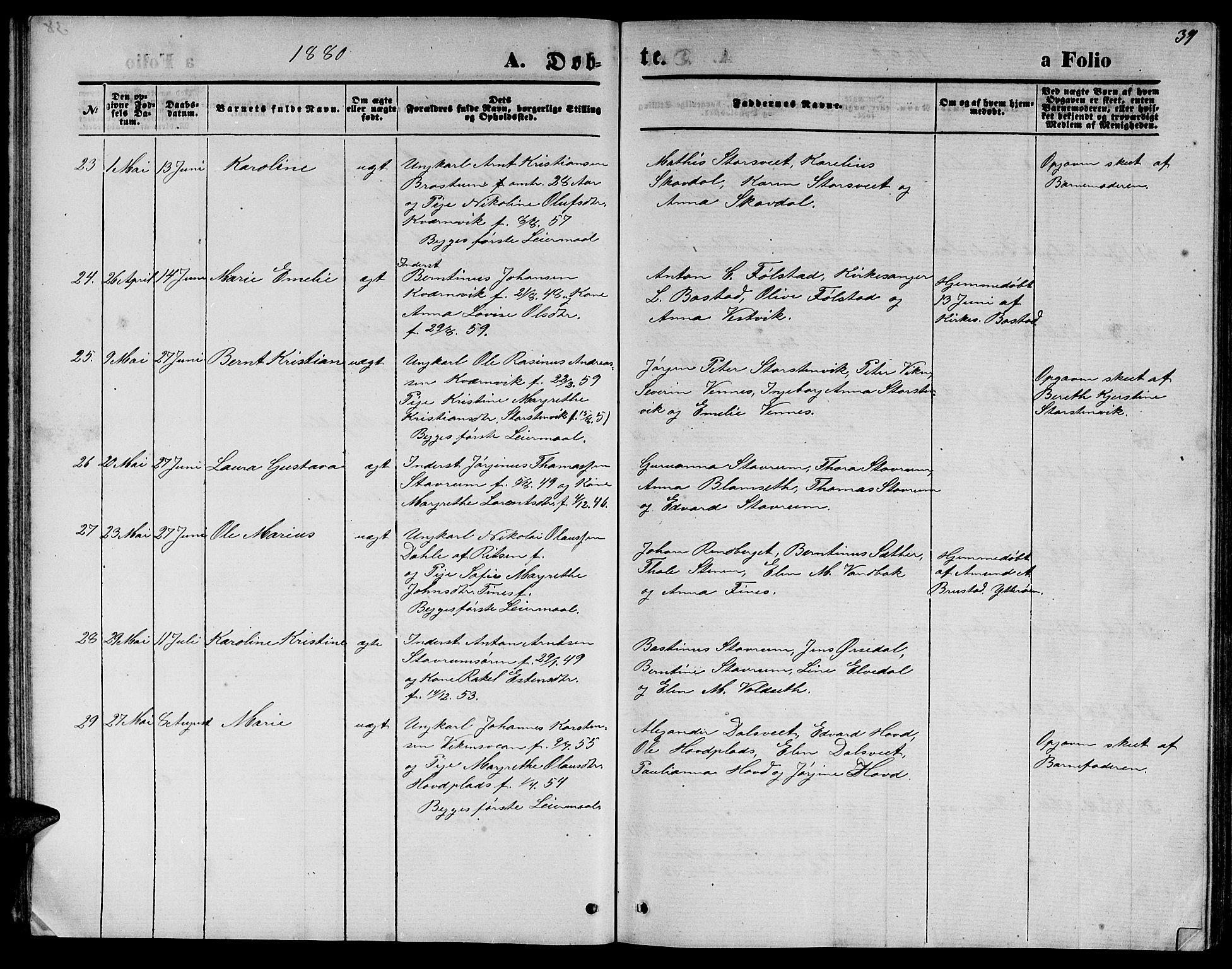 Ministerialprotokoller, klokkerbøker og fødselsregistre - Nord-Trøndelag, SAT/A-1458/744/L0422: Klokkerbok nr. 744C01, 1871-1885, s. 39