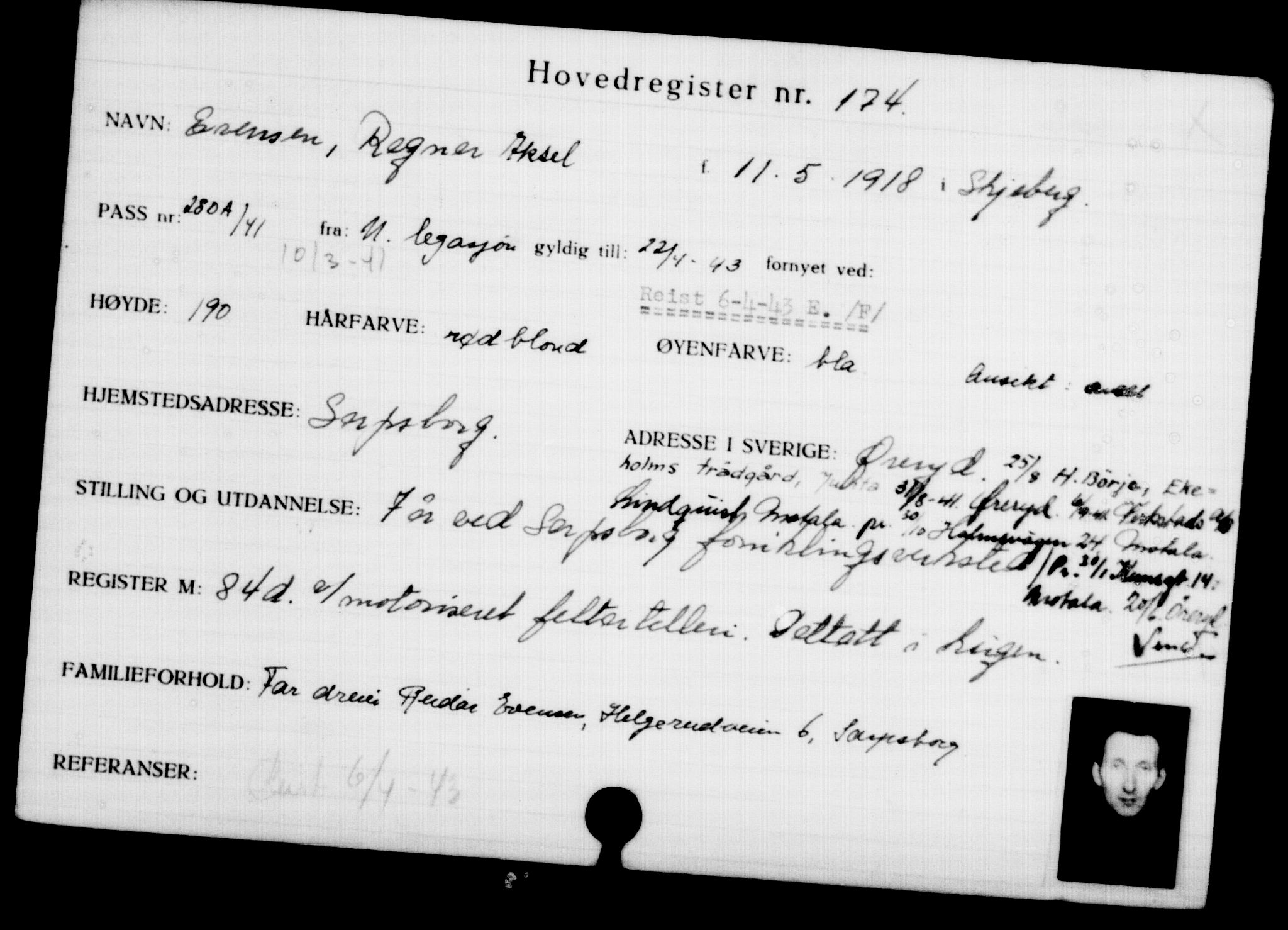 Utenriksstasjonene, Legasjonen i Stockholm, Flyktningkontoret, AV/RA-S-6753/V/Va/L0001: Kjesäterkartoteket, flyktninger med registreringsnr. 1-1000, 1940-1945, s. 281