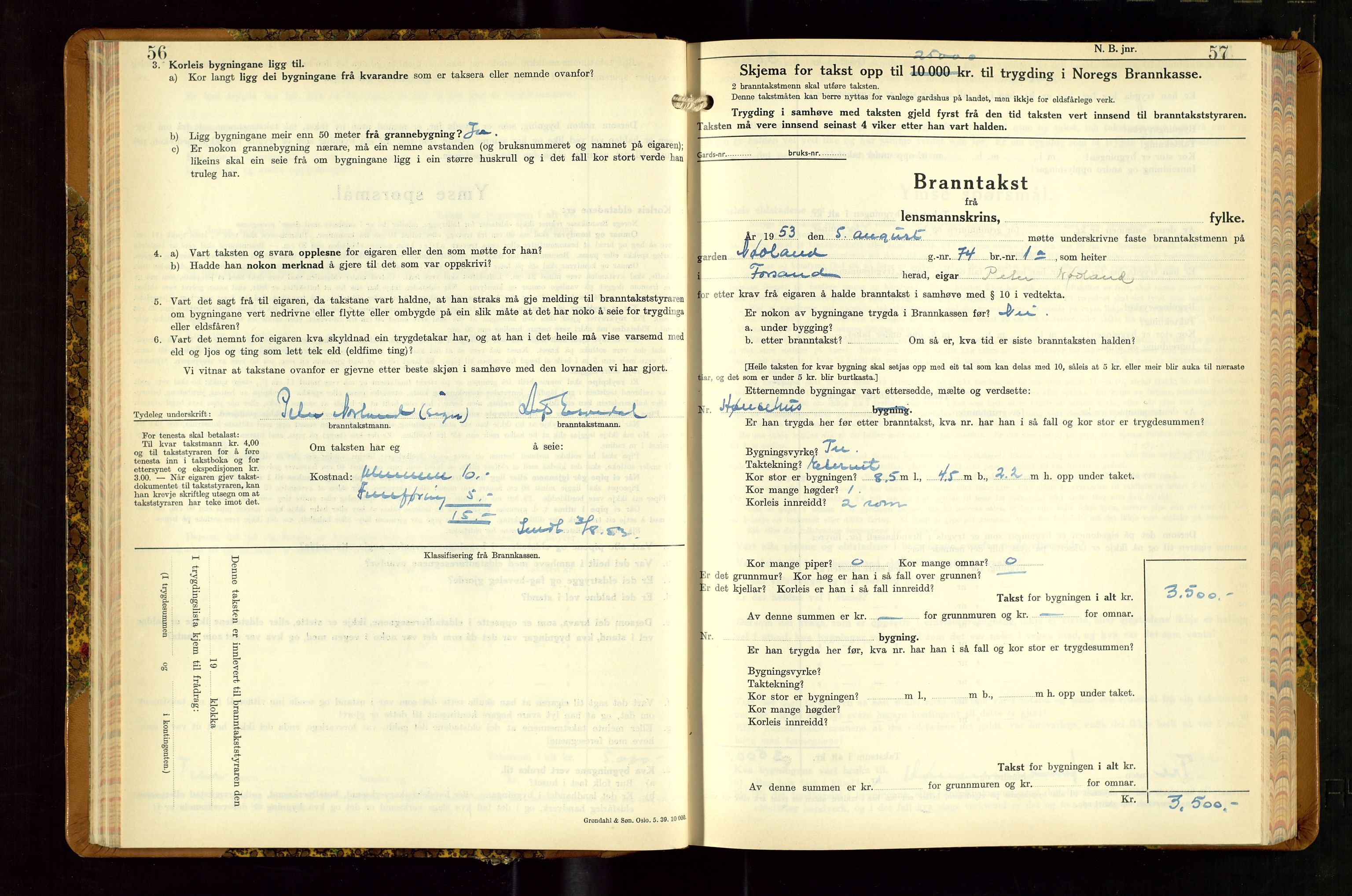 Høle og Forsand lensmannskontor, AV/SAST-A-100127/Gob/L0002: "Branntakstbok" - skjematakst, 1941-1955, s. 56-57