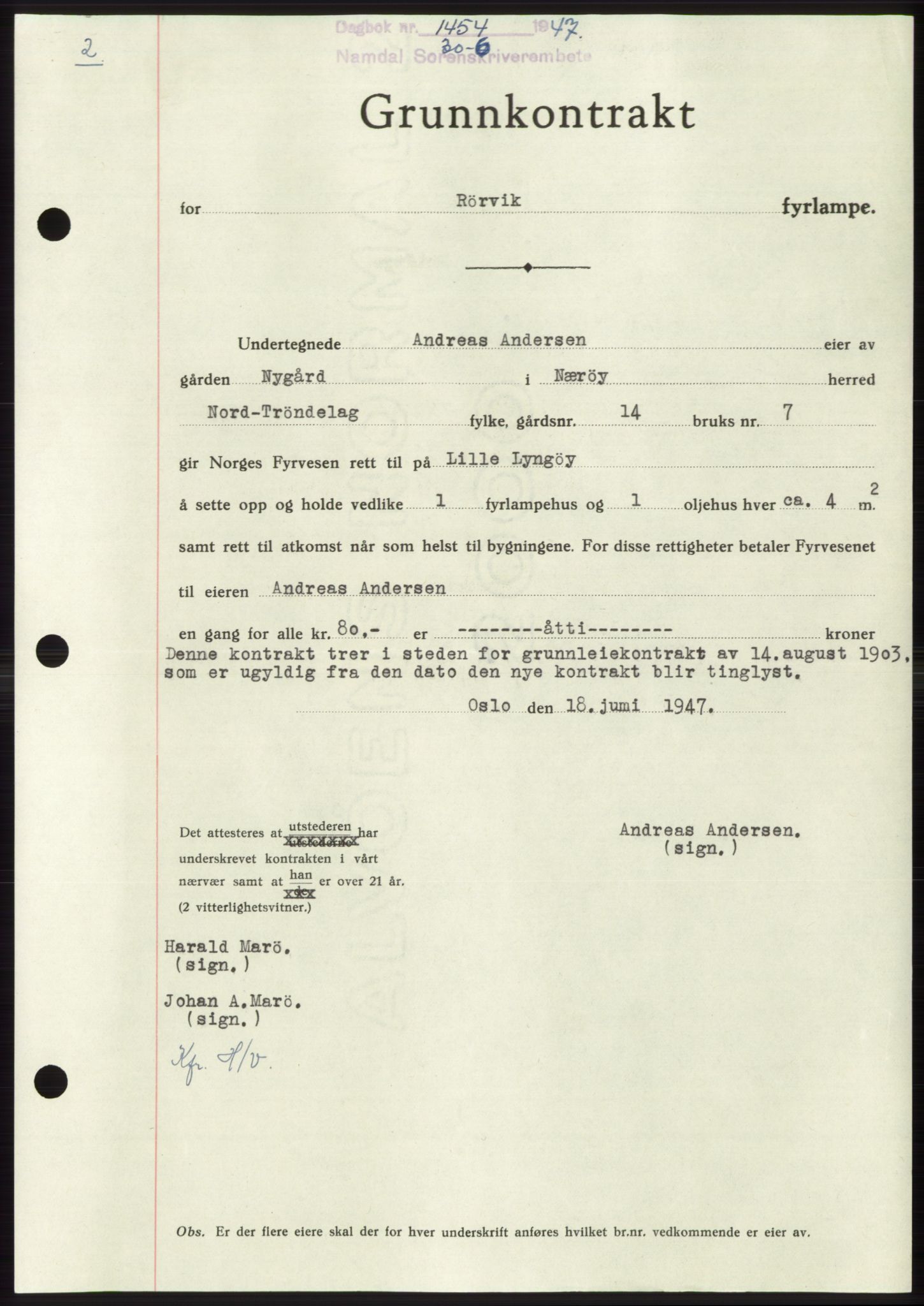 Namdal sorenskriveri, SAT/A-4133/1/2/2C: Pantebok nr. -, 1947-1947, Dagboknr: 1454/1947