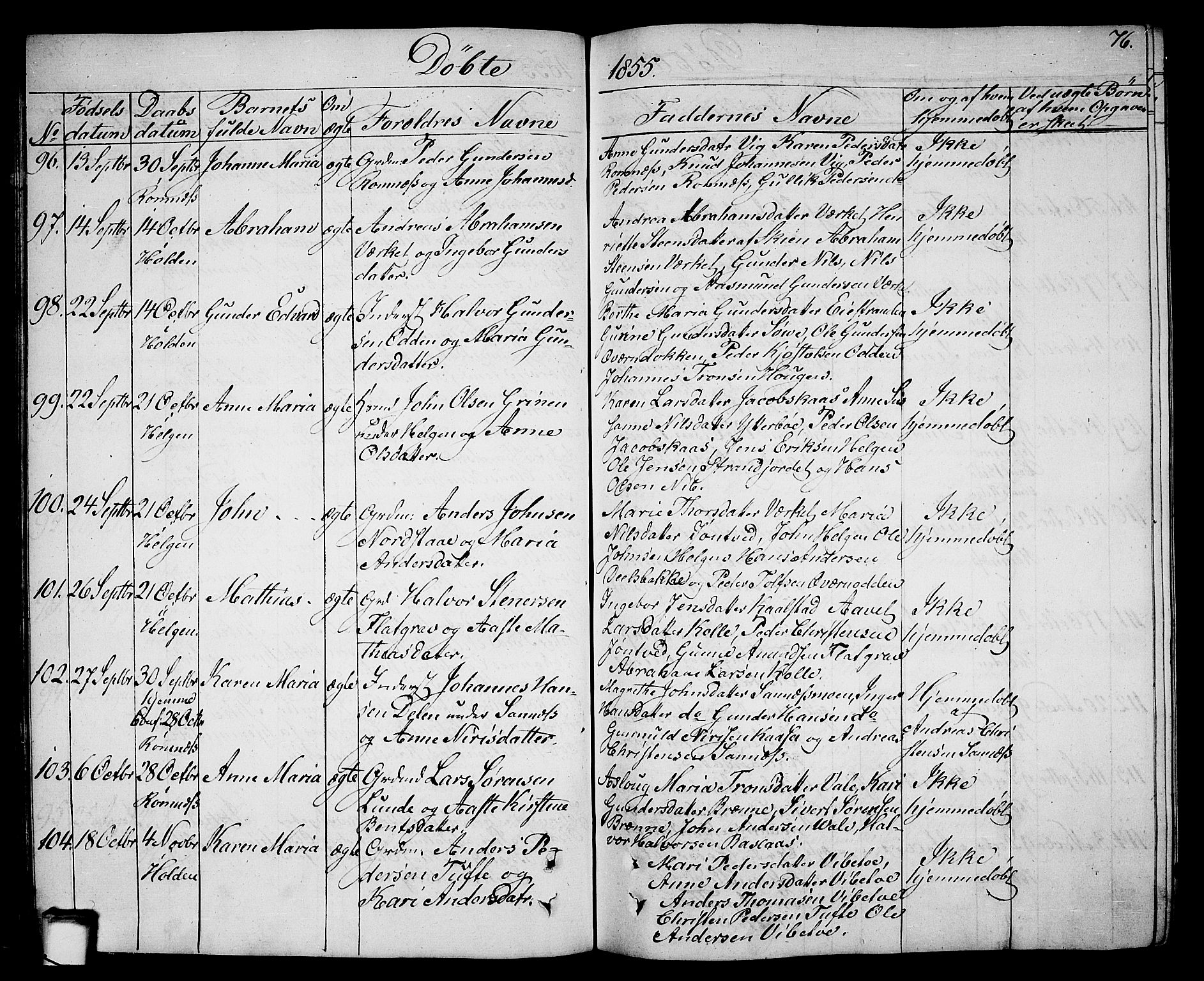 Holla kirkebøker, AV/SAKO-A-272/G/Ga/L0003: Klokkerbok nr. I 3, 1849-1866, s. 76