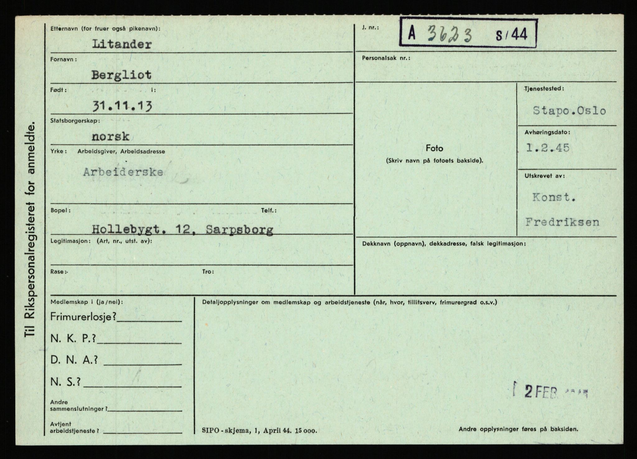 Statspolitiet - Hovedkontoret / Osloavdelingen, AV/RA-S-1329/C/Ca/L0010: Lind - Moksnes, 1943-1945, s. 444