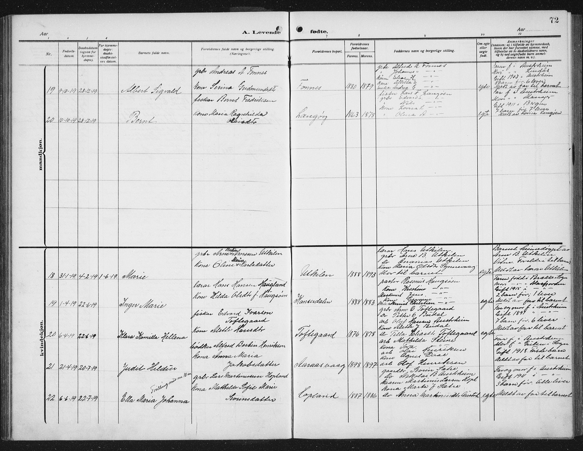 Lindås Sokneprestembete, AV/SAB-A-76701/H/Hab/Habc/L0005: Klokkerbok nr. C 5, 1910-1927, s. 72