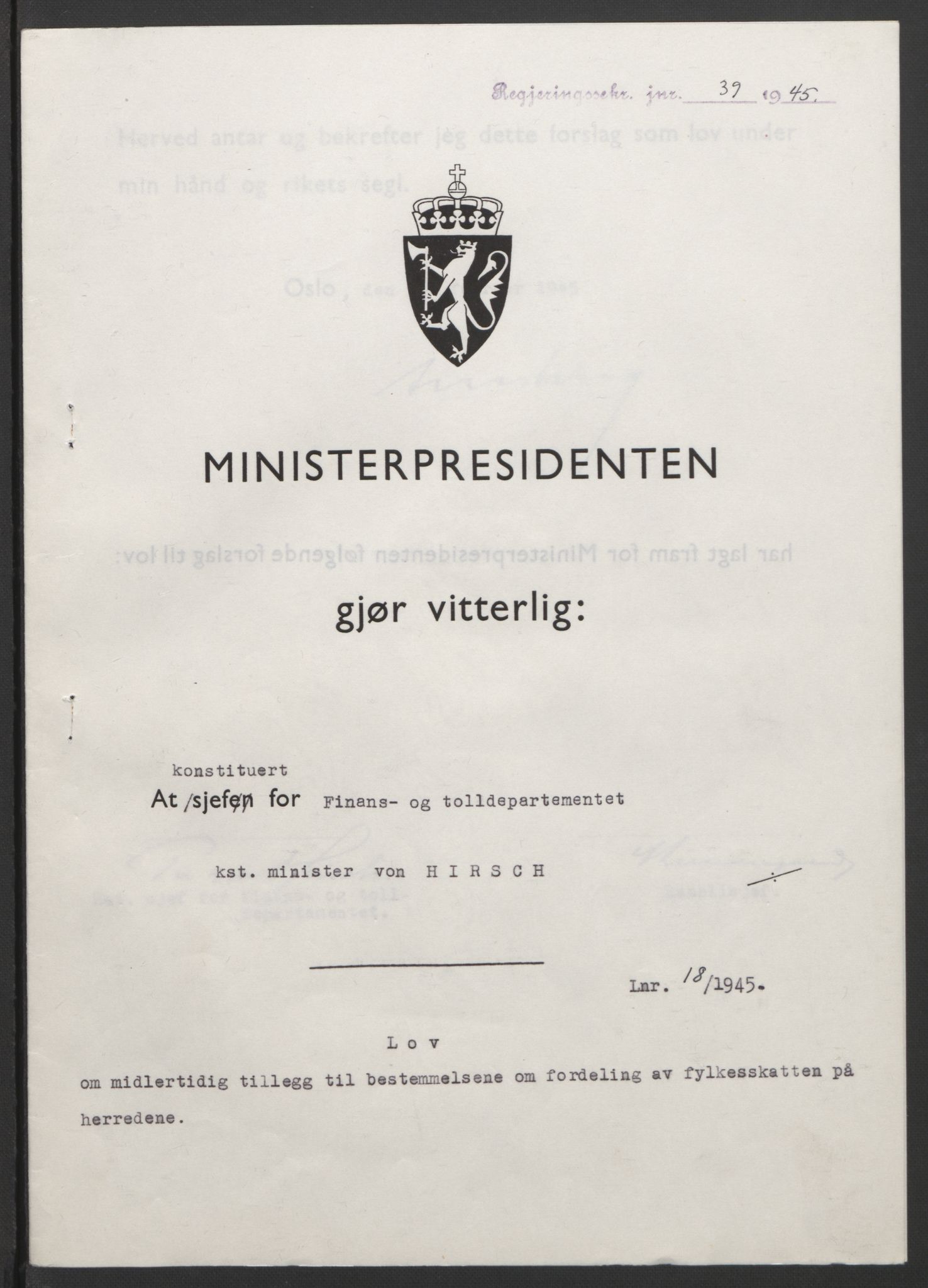 NS-administrasjonen 1940-1945 (Statsrådsekretariatet, de kommisariske statsråder mm), RA/S-4279/D/Db/L0101/0001: -- / Lover og vedtak, 1945, s. 73