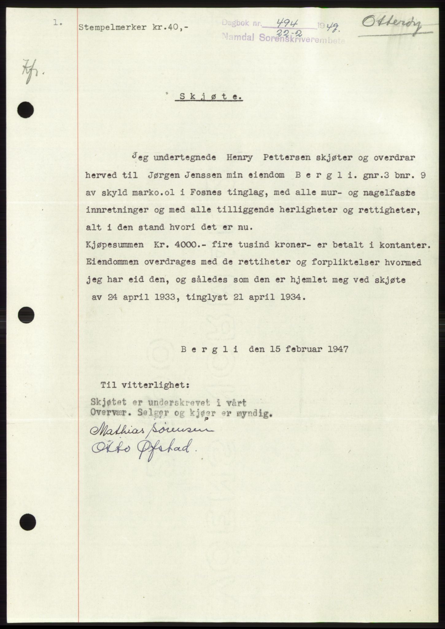 Namdal sorenskriveri, SAT/A-4133/1/2/2C: Pantebok nr. -, 1946-1947, Dagboknr: 494/1947