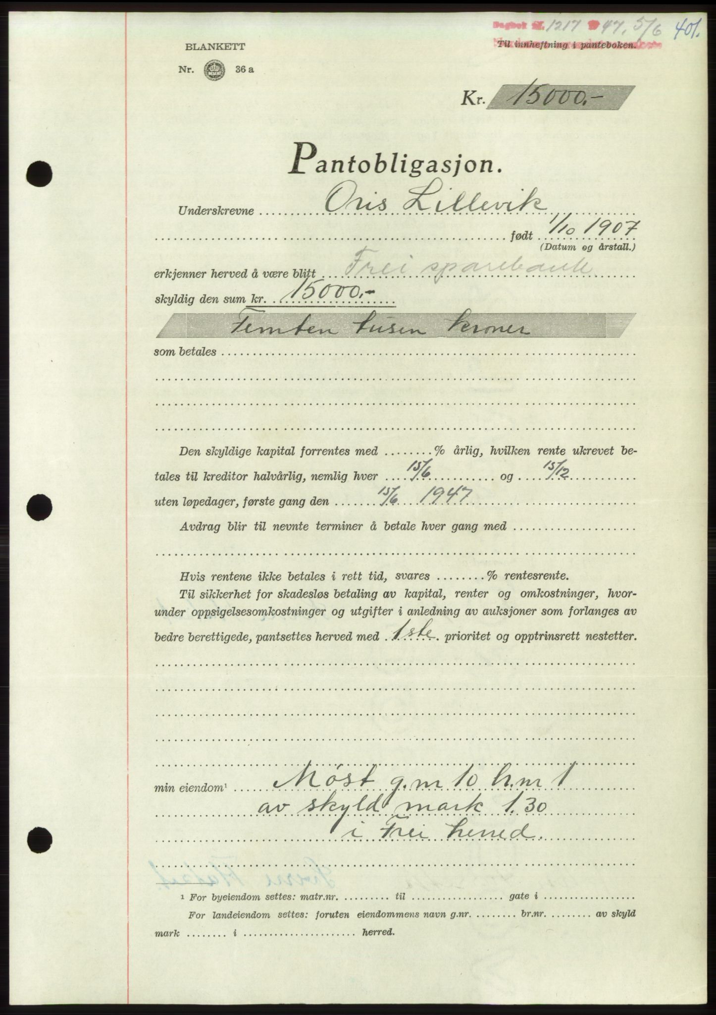 Nordmøre sorenskriveri, AV/SAT-A-4132/1/2/2Ca: Pantebok nr. B96, 1947-1947, Dagboknr: 1217/1947