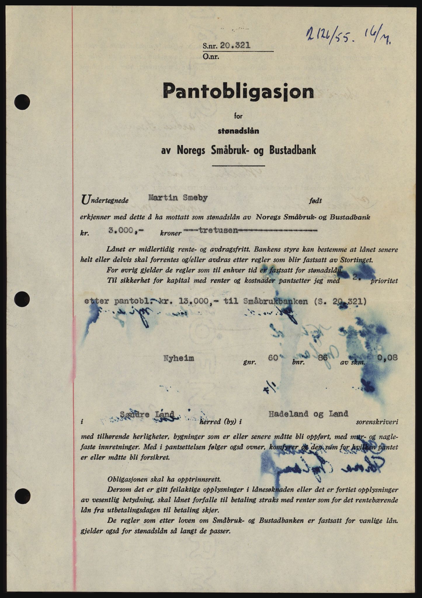 Hadeland og Land tingrett, SAH/TING-010/H/Hb/Hbc/L0032: Pantebok nr. B32, 1955-1955, Dagboknr: 2126/1955