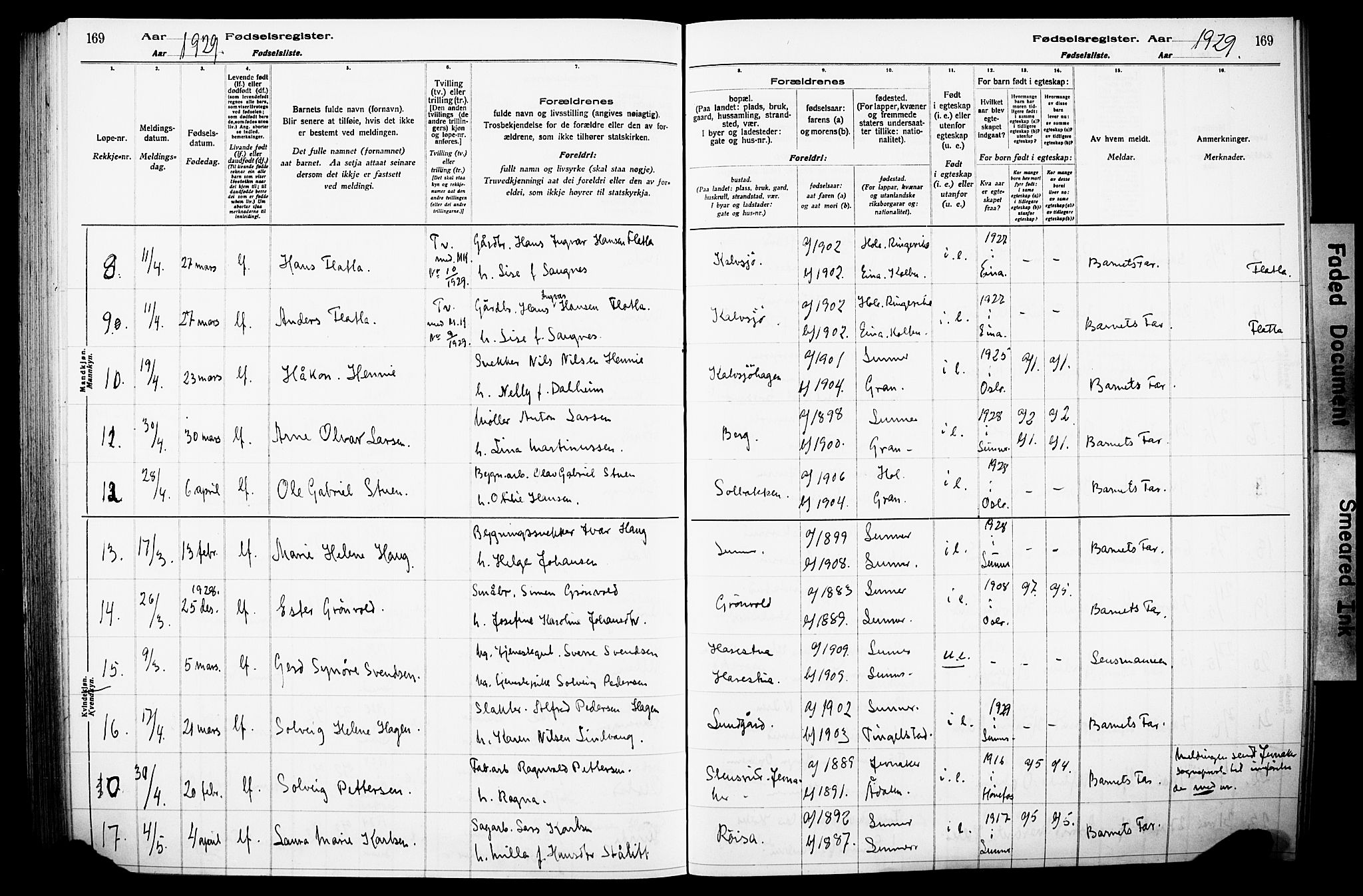 Lunner prestekontor, AV/SAH-PREST-118/I/Id/L0001: Fødselsregister nr. 1, 1916-1932, s. 169