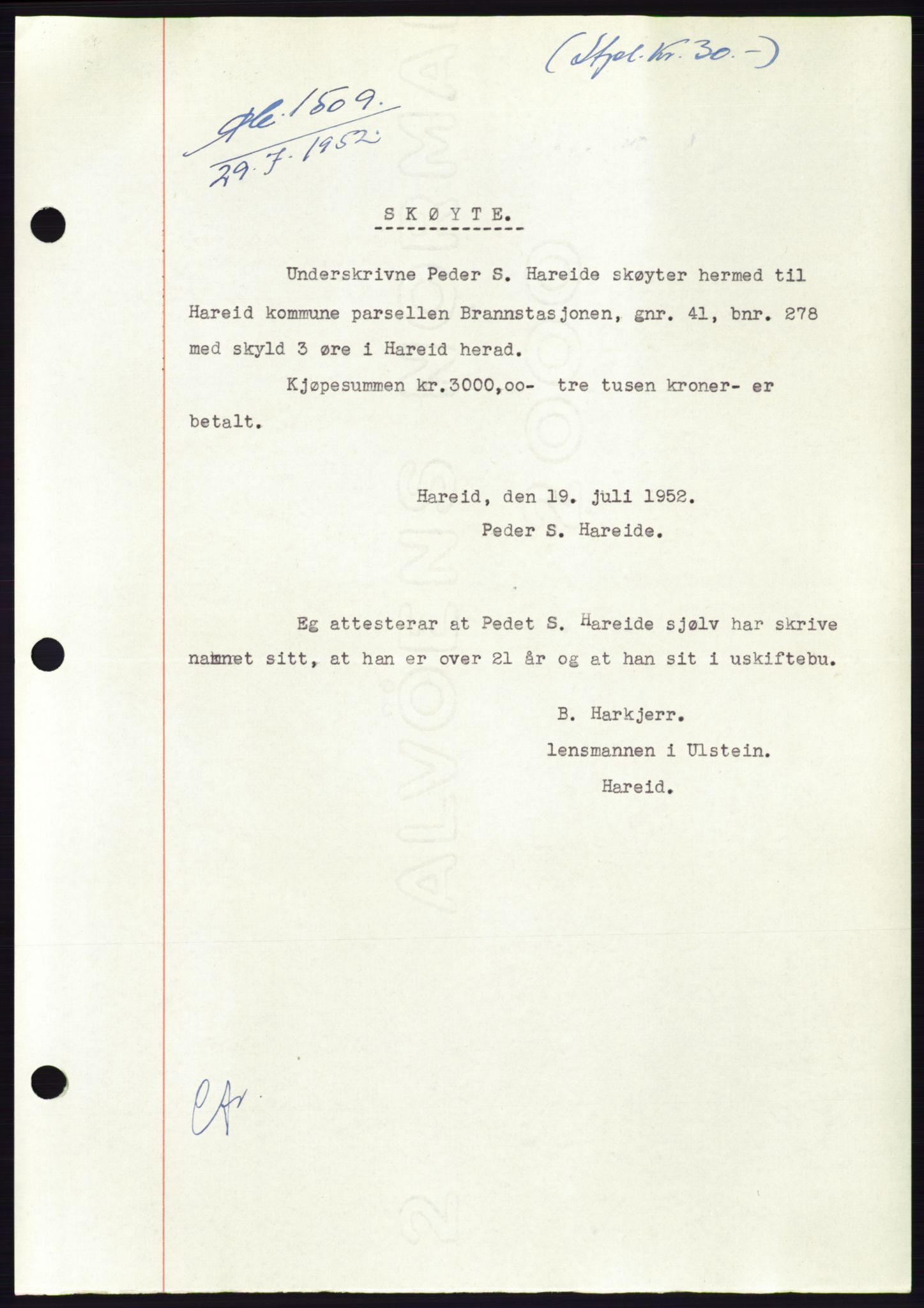 Søre Sunnmøre sorenskriveri, AV/SAT-A-4122/1/2/2C/L0092: Pantebok nr. 18A, 1952-1952, Dagboknr: 1509/1952
