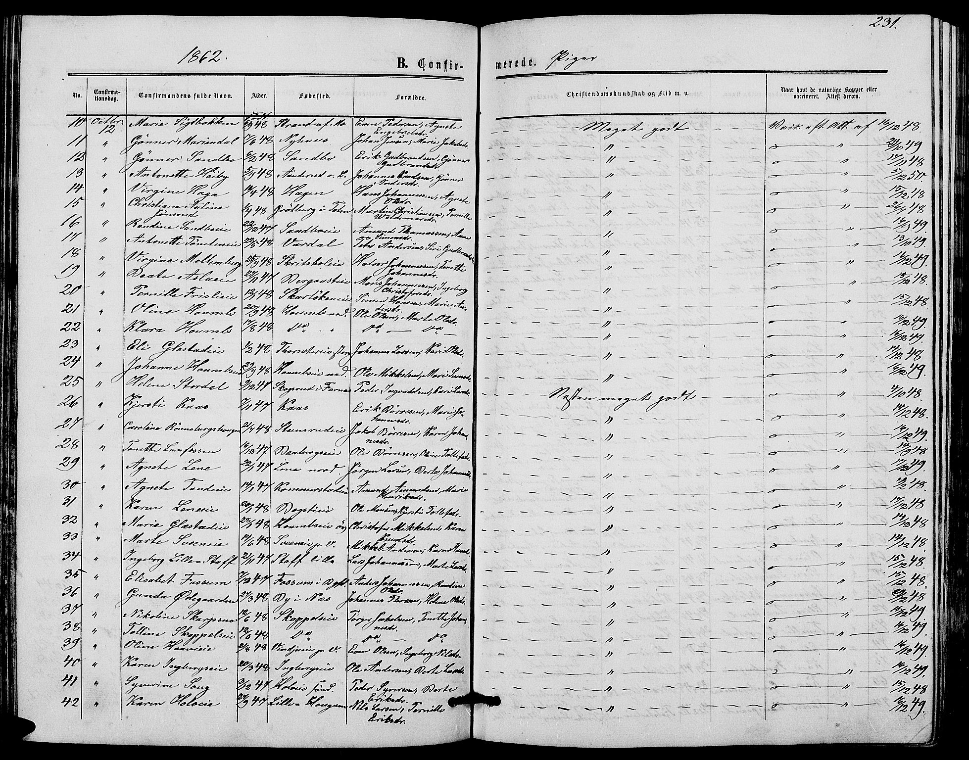 Ringsaker prestekontor, AV/SAH-PREST-014/L/La/L0007: Klokkerbok nr. 7, 1861-1869, s. 231