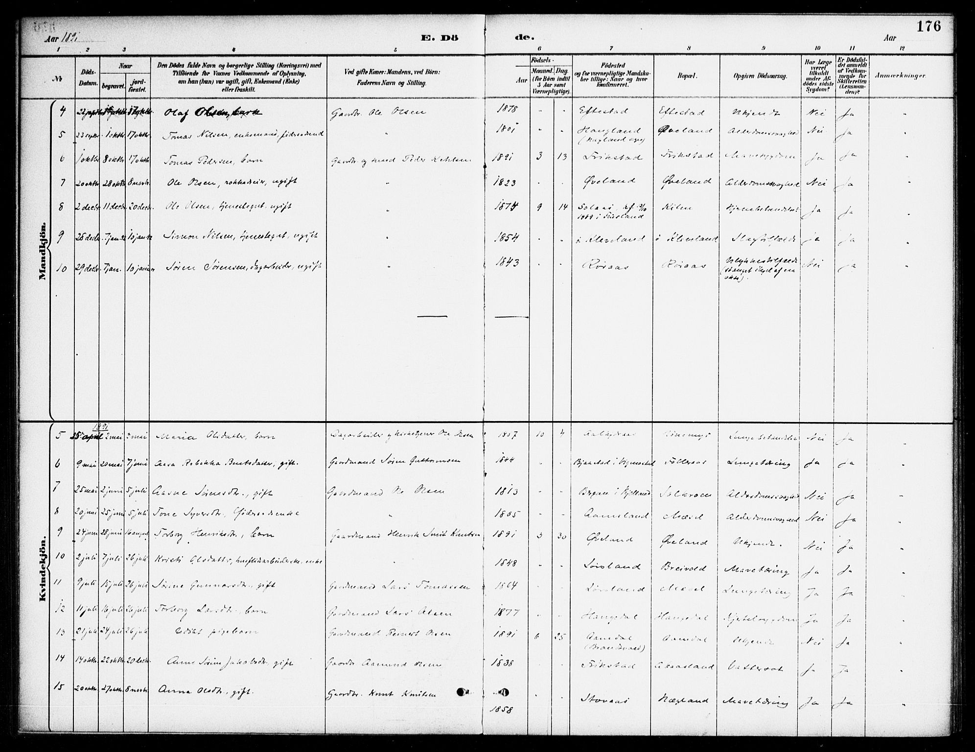 Bjelland sokneprestkontor, SAK/1111-0005/F/Fa/Fab/L0004: Ministerialbok nr. A 4, 1887-1920, s. 176