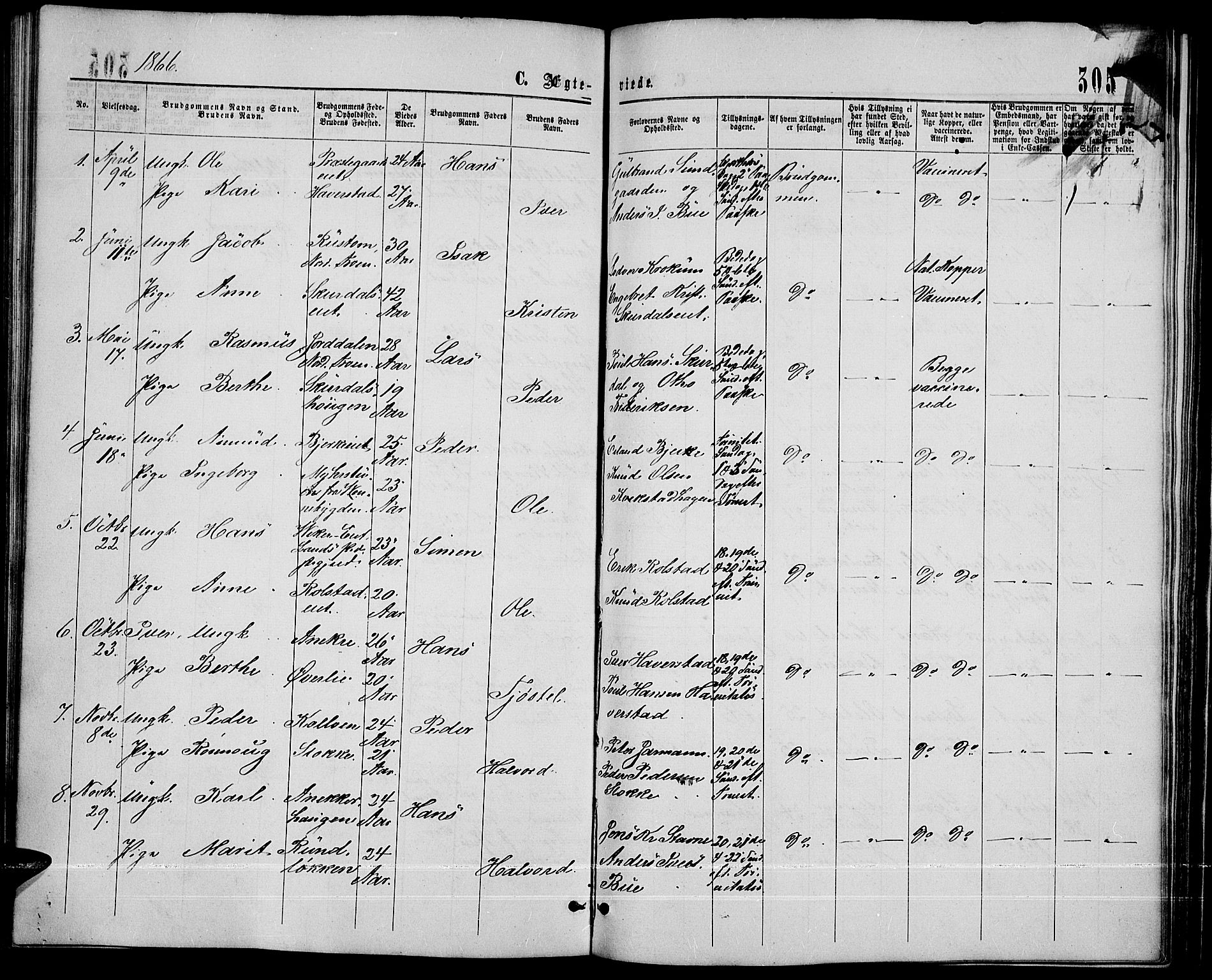 Sør-Fron prestekontor, AV/SAH-PREST-010/H/Ha/Hab/L0002: Klokkerbok nr. 2, 1864-1883, s. 305
