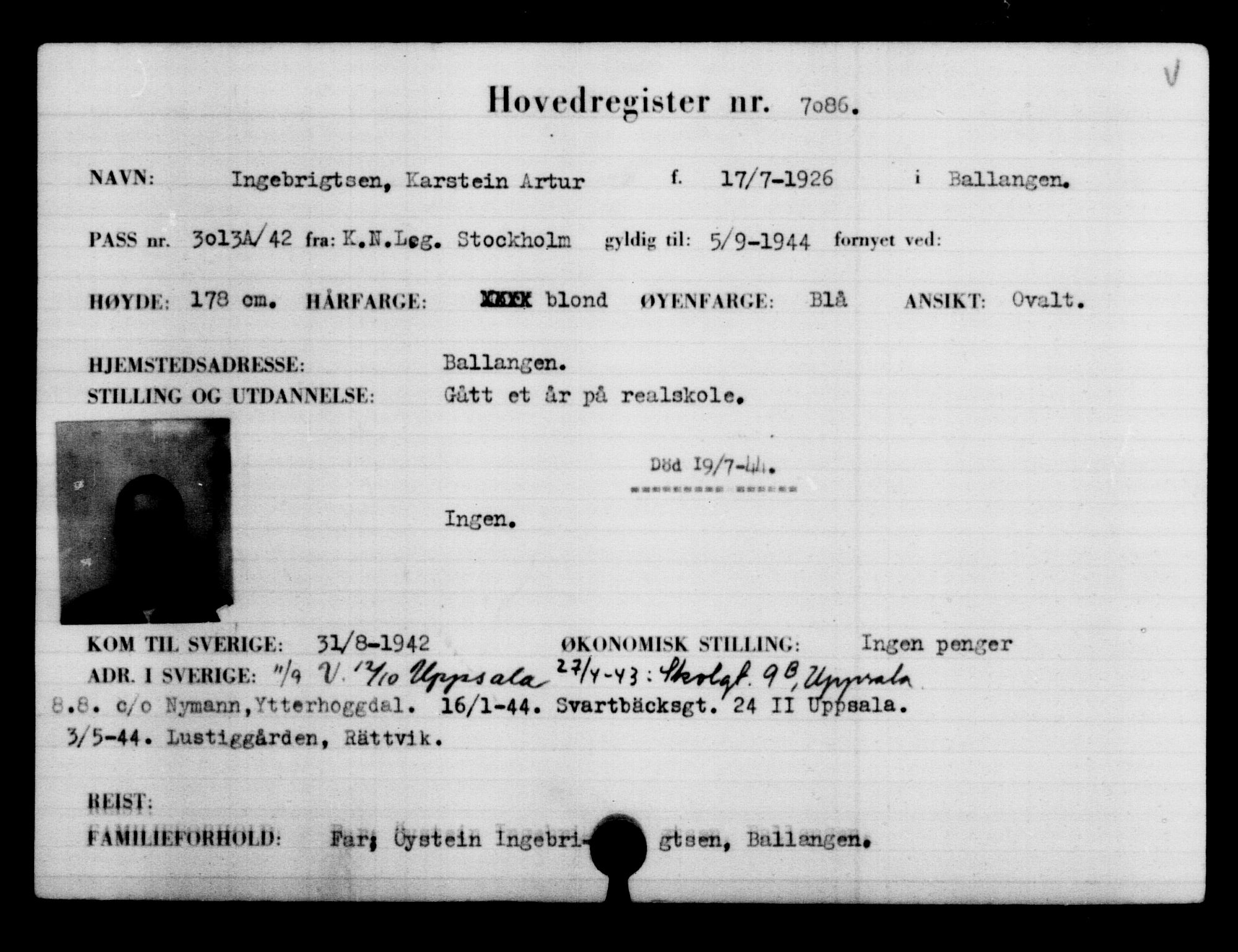 Utenriksstasjonene, Legasjonen i Stockholm, Flyktningkontoret, AV/RA-S-6753/V/Va/L0005: Kjesäterkartoteket, flyktninger med registreringsnr. 6600-9417, 1940-1945, s. 585