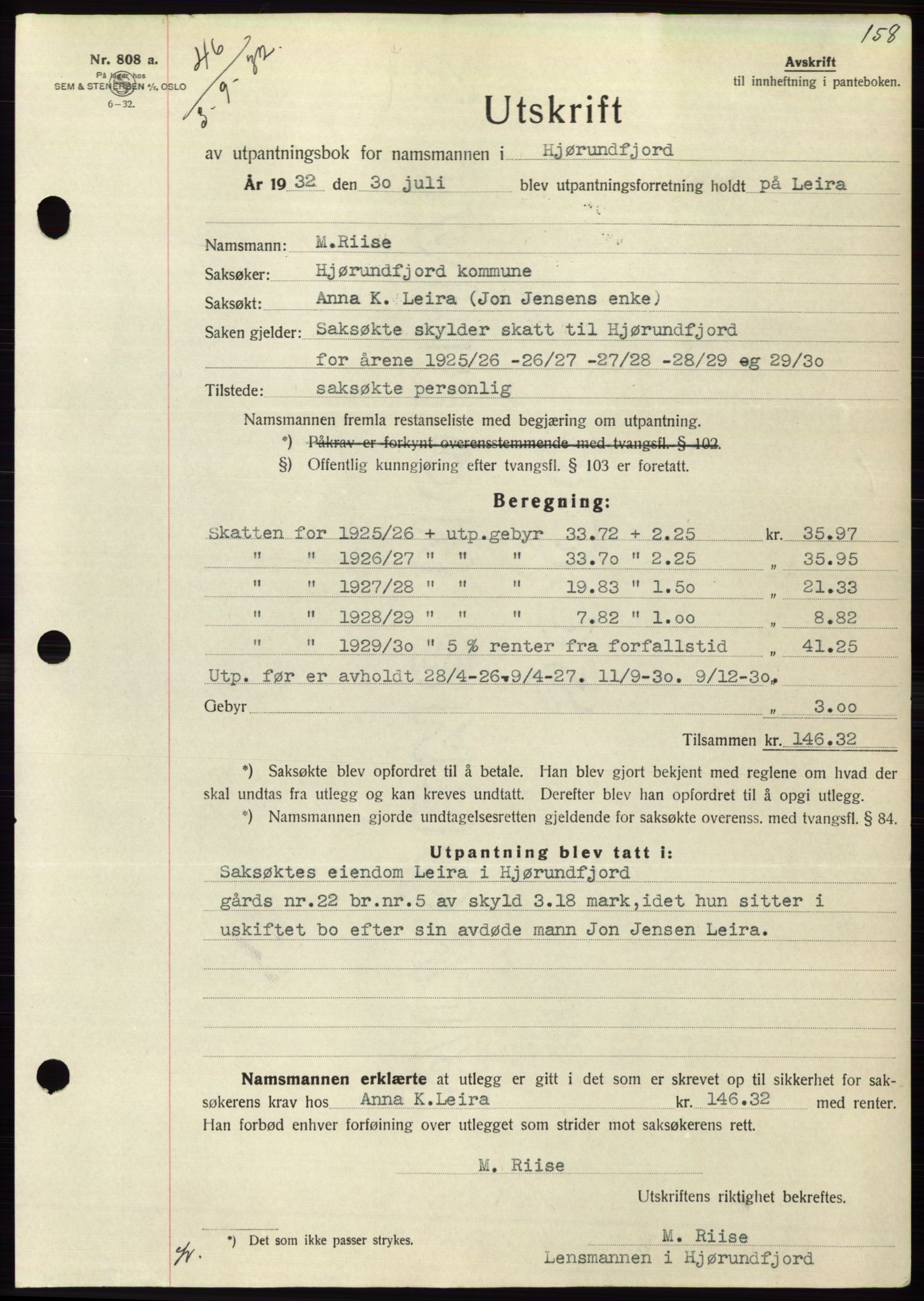 Søre Sunnmøre sorenskriveri, AV/SAT-A-4122/1/2/2C/L0054: Pantebok nr. 48, 1932-1933, Tingl.dato: 03.09.1932