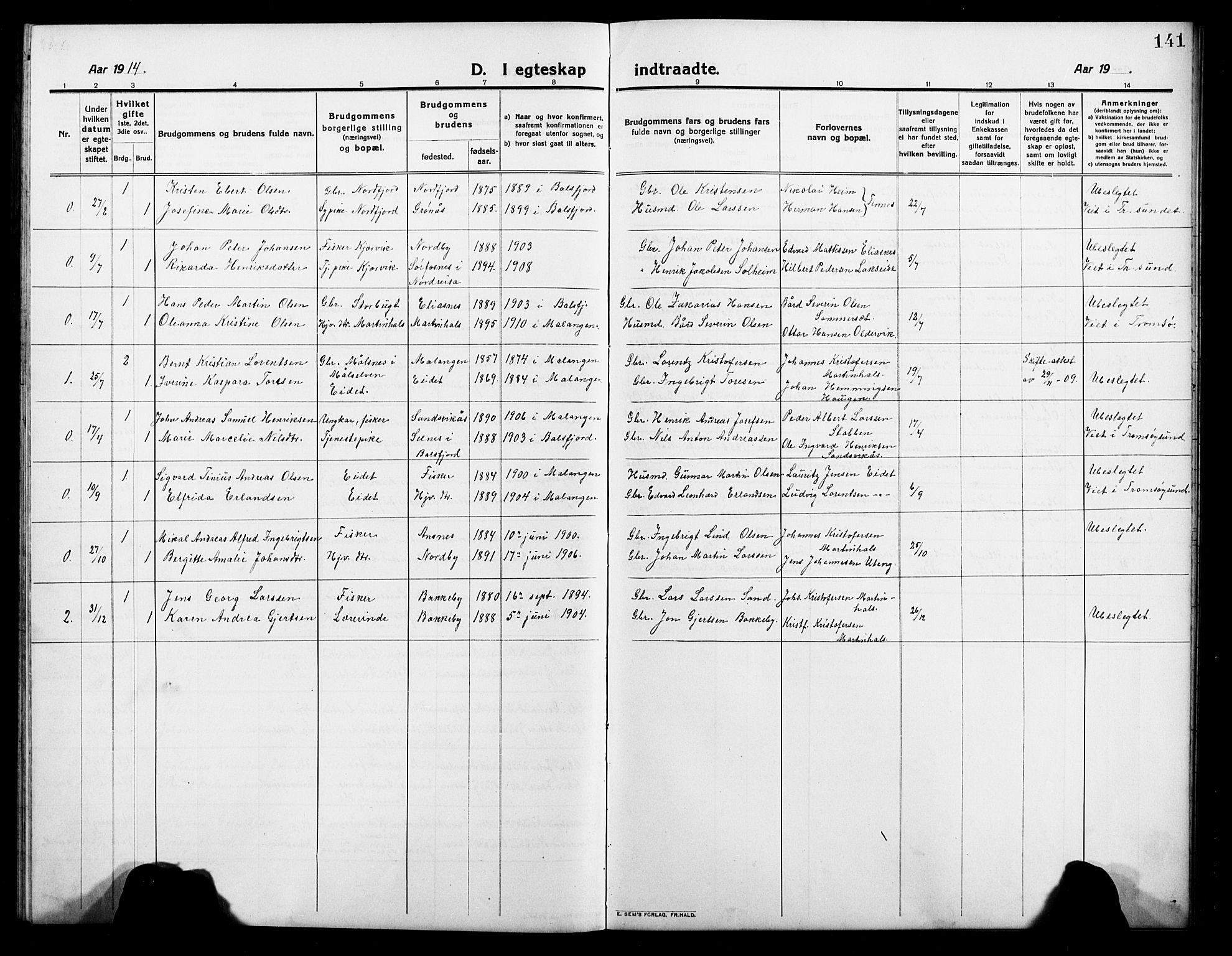 Balsfjord sokneprestembete, AV/SATØ-S-1303/G/Gab/L0004klokker: Klokkerbok nr. 4, 1910-1926, s. 141