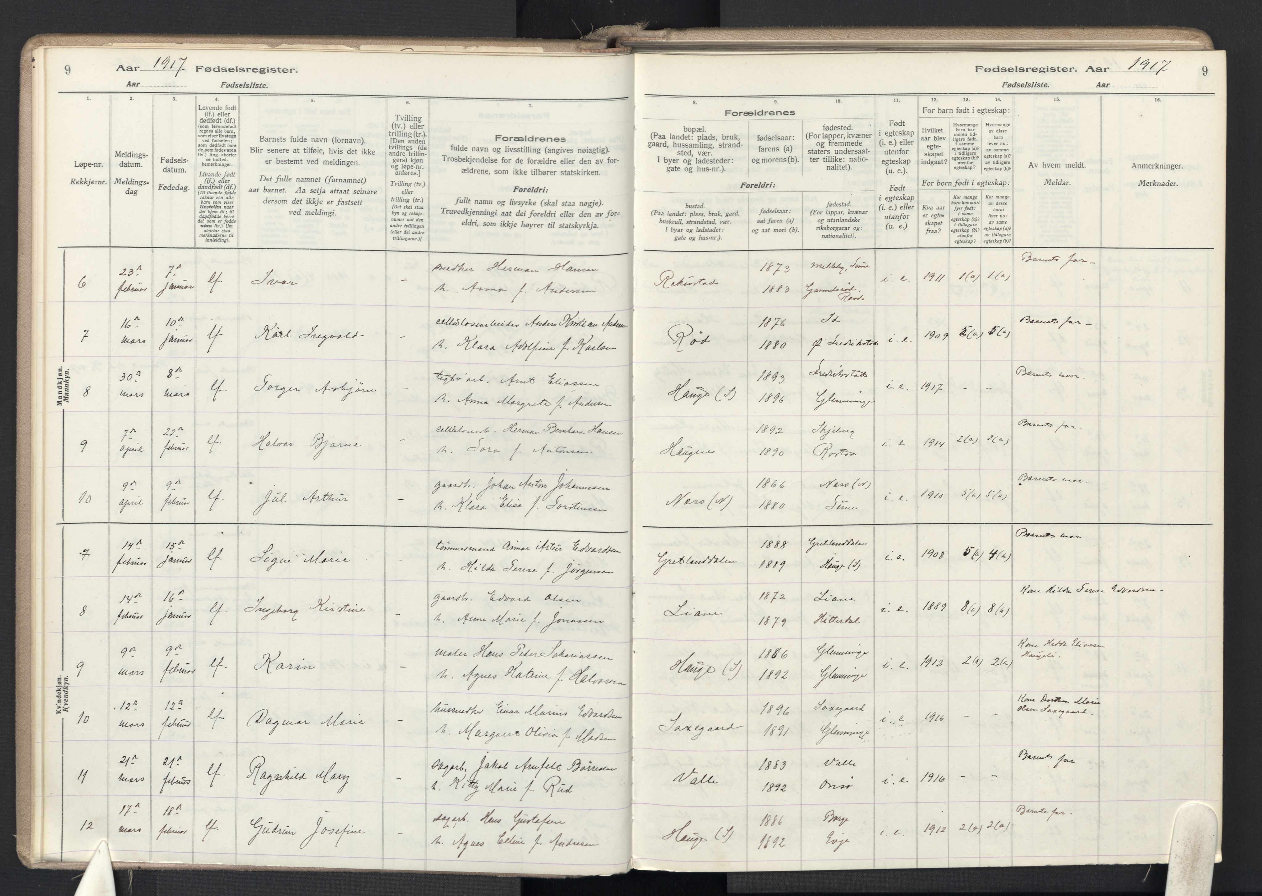 Rolvsøy prestekontor Kirkebøker, AV/SAO-A-2004/J/Ja/L0001: Fødselsregister nr. 1, 1916-1946, s. 9