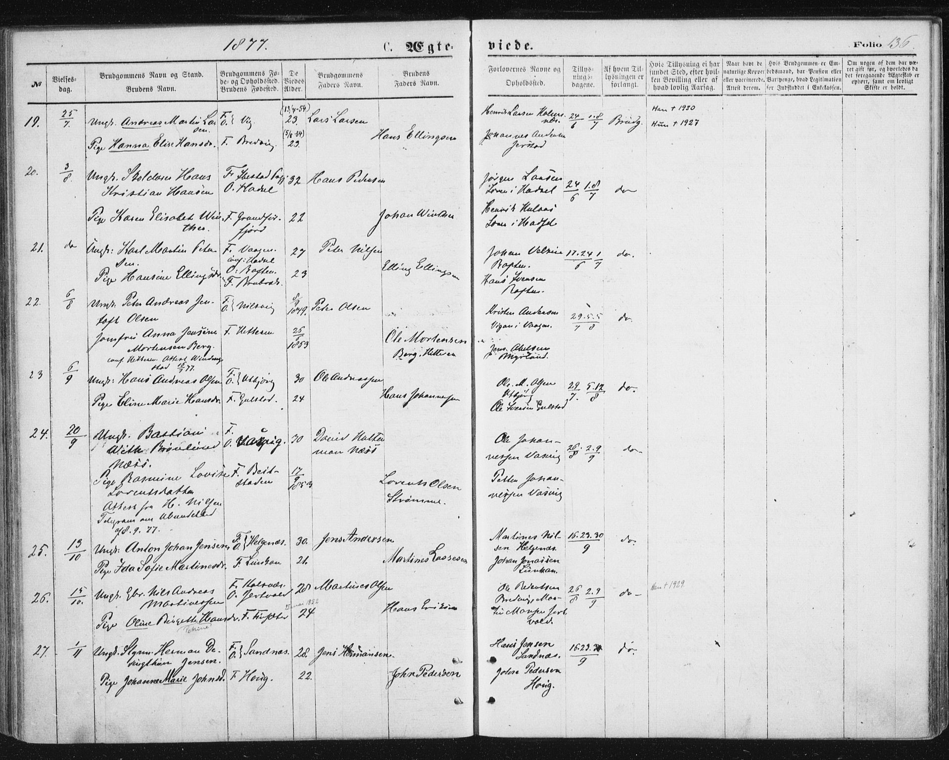 Ministerialprotokoller, klokkerbøker og fødselsregistre - Nordland, AV/SAT-A-1459/888/L1243: Ministerialbok nr. 888A09, 1876-1879, s. 136