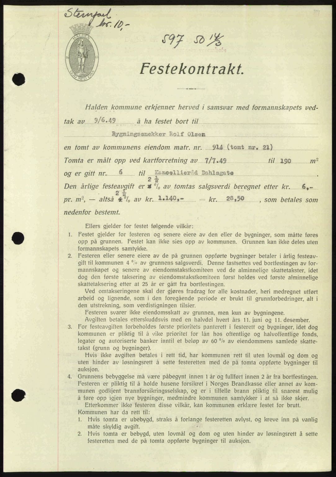 Idd og Marker sorenskriveri, AV/SAO-A-10283/G/Gb/Gbb/L0014: Pantebok nr. A14, 1950-1950, Dagboknr: 597/1950